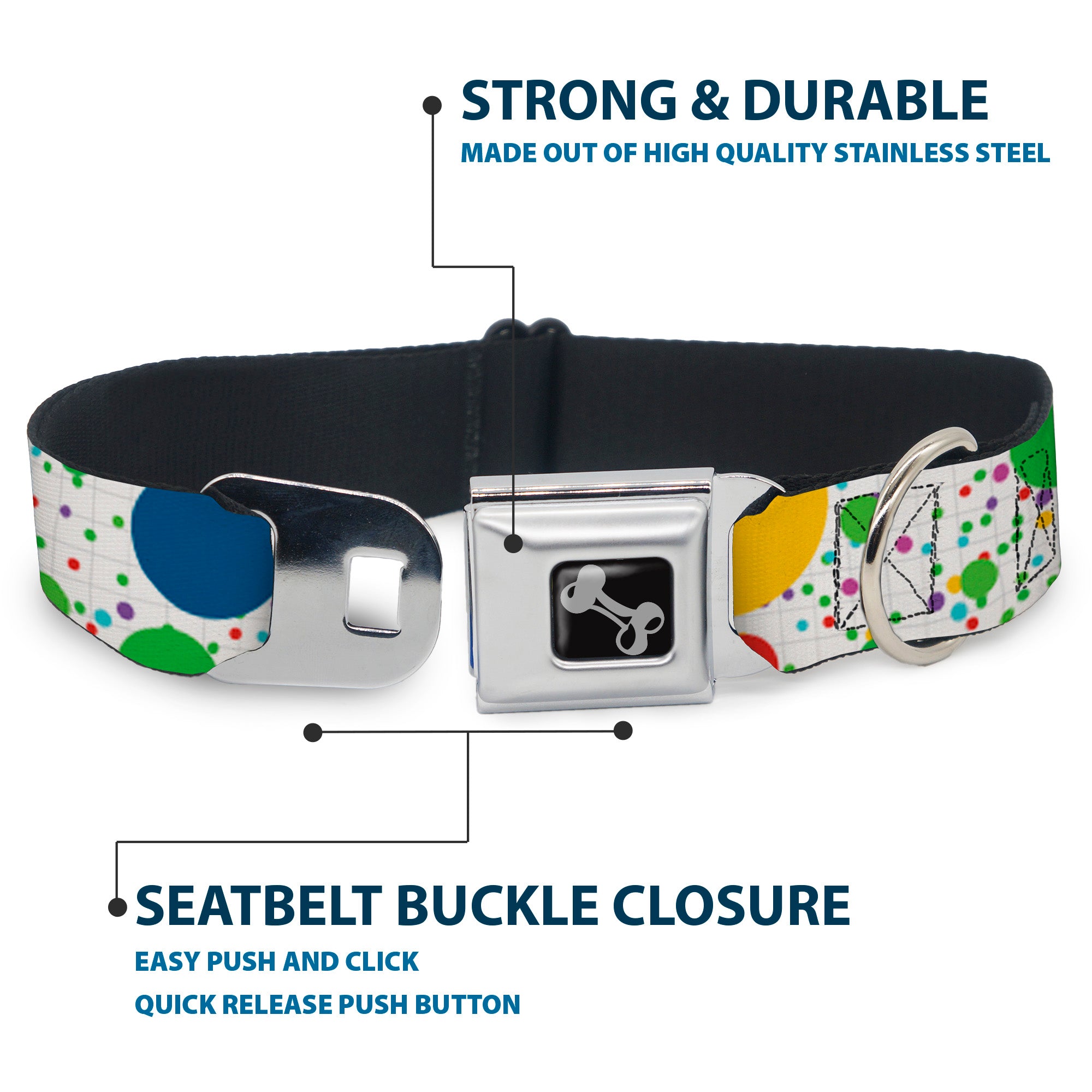 Dog Bone Seatbelt Buckle Collar - Dots/Grid3 White/Gray/Multi Color Seatbelt Buckle Collars Buckle-Down