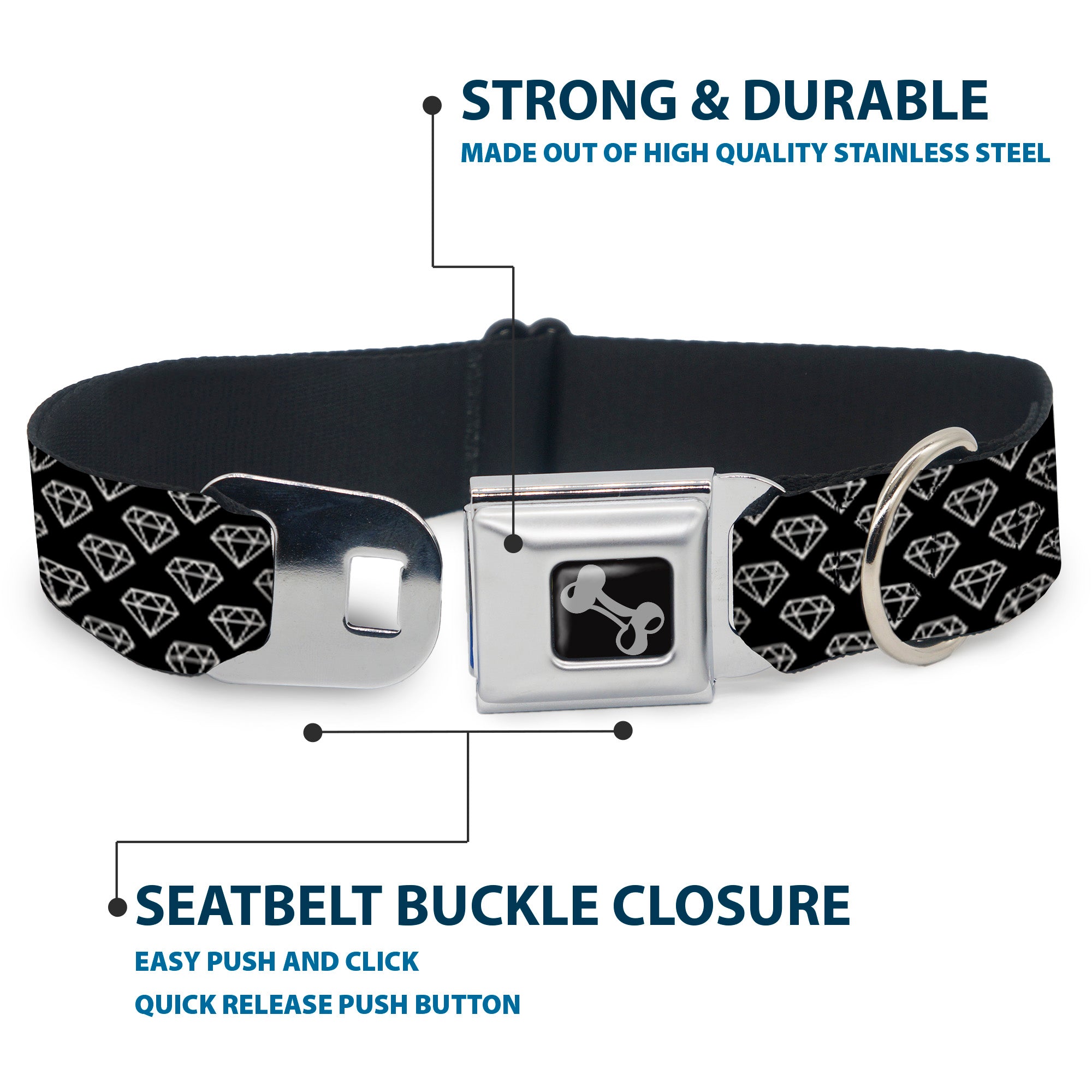 Dog Bone Seatbelt Buckle Collar - Diamonds Diagonal2 Lines Black/White Seatbelt Buckle Collars Buckle-Down