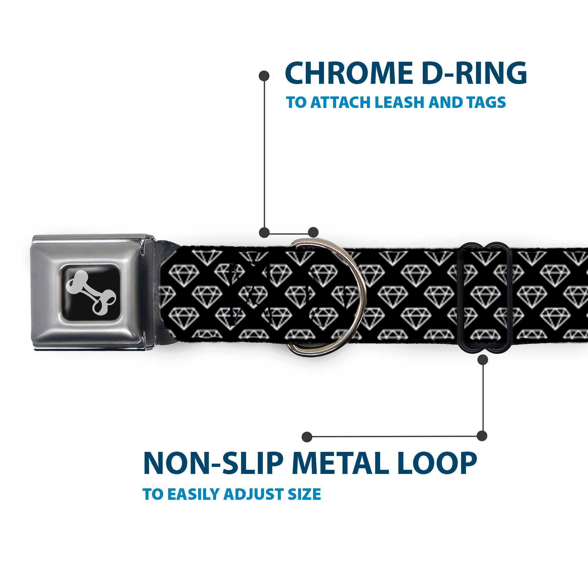 Dog Bone Seatbelt Buckle Collar - Diamonds Diagonal2 Lines Black/White Seatbelt Buckle Collars Buckle-Down