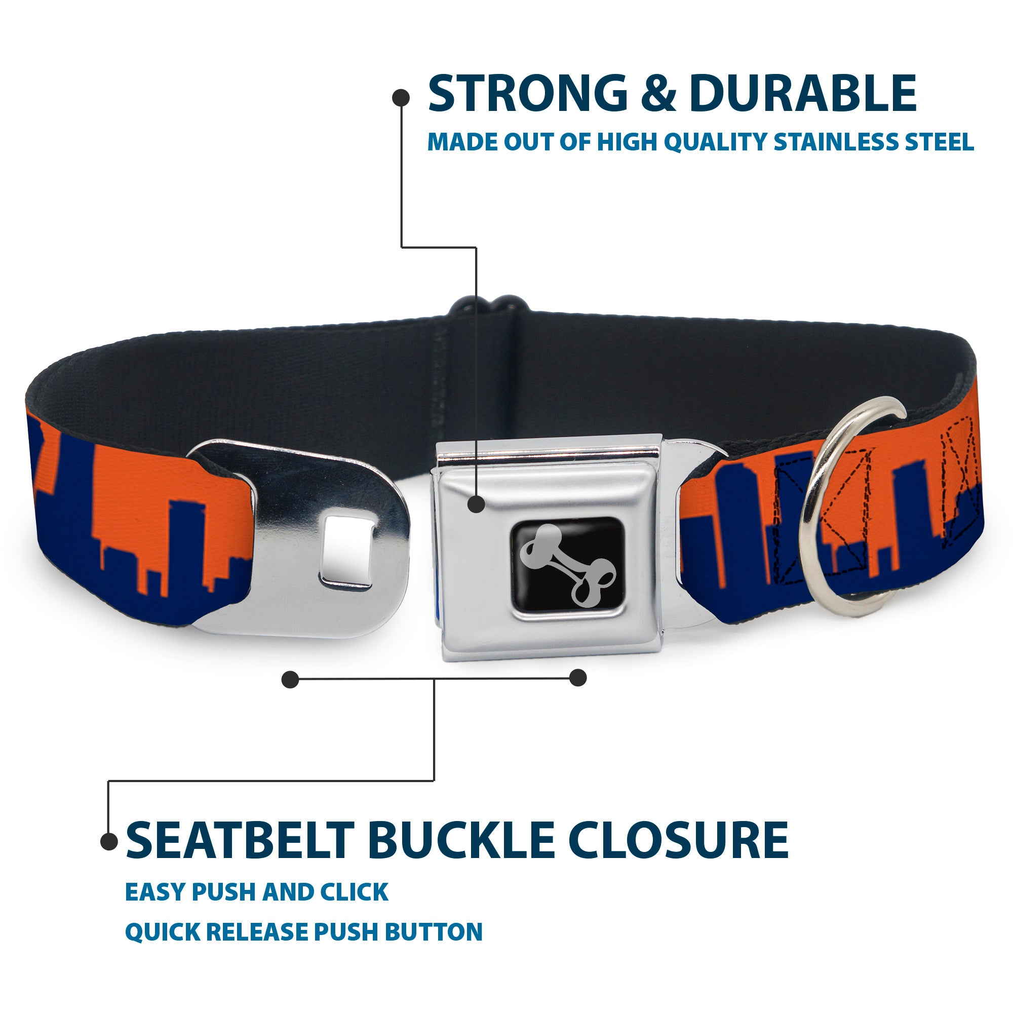Dog Bone Seatbelt Buckle Collar - Denver Solid Skyline Orange/Navy Seatbelt Buckle Collars Buckle-Down