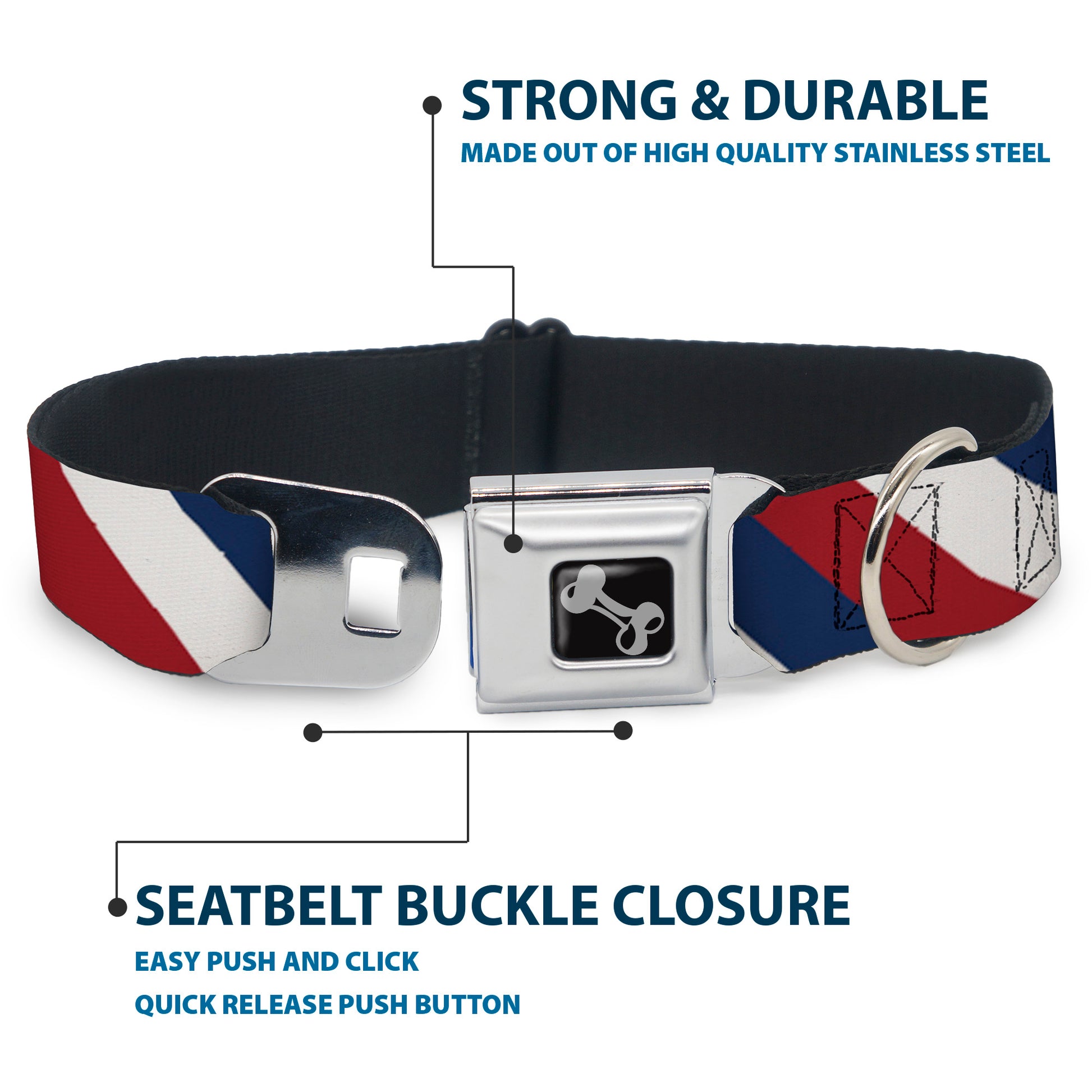 Dog Bone Seatbelt Buckle Collar - Diagonal Stripe Red/White/Navy Seatbelt Buckle Collars Buckle-Down