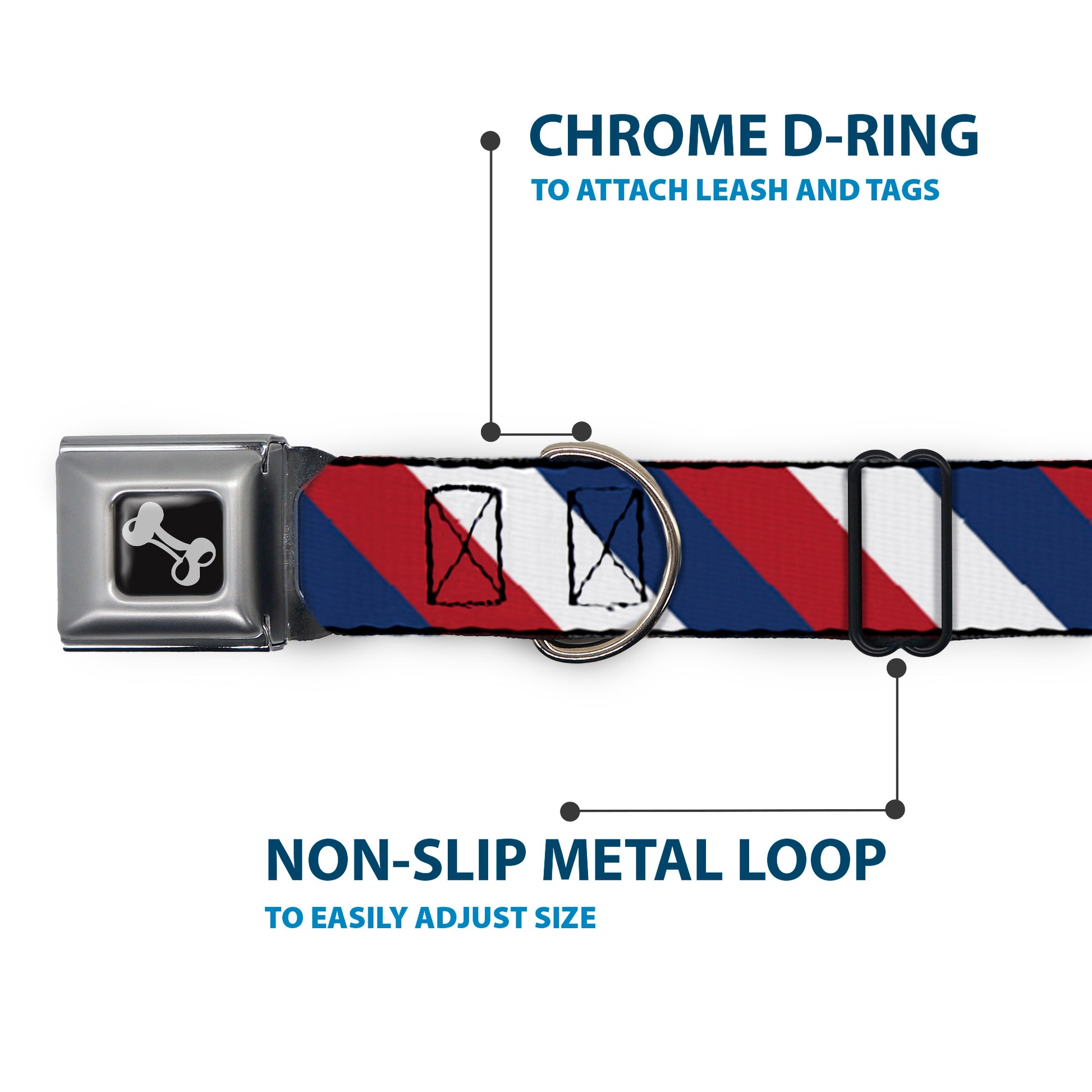 Dog Bone Seatbelt Buckle Collar - Diagonal Stripe Red/White/Navy Seatbelt Buckle Collars Buckle-Down
