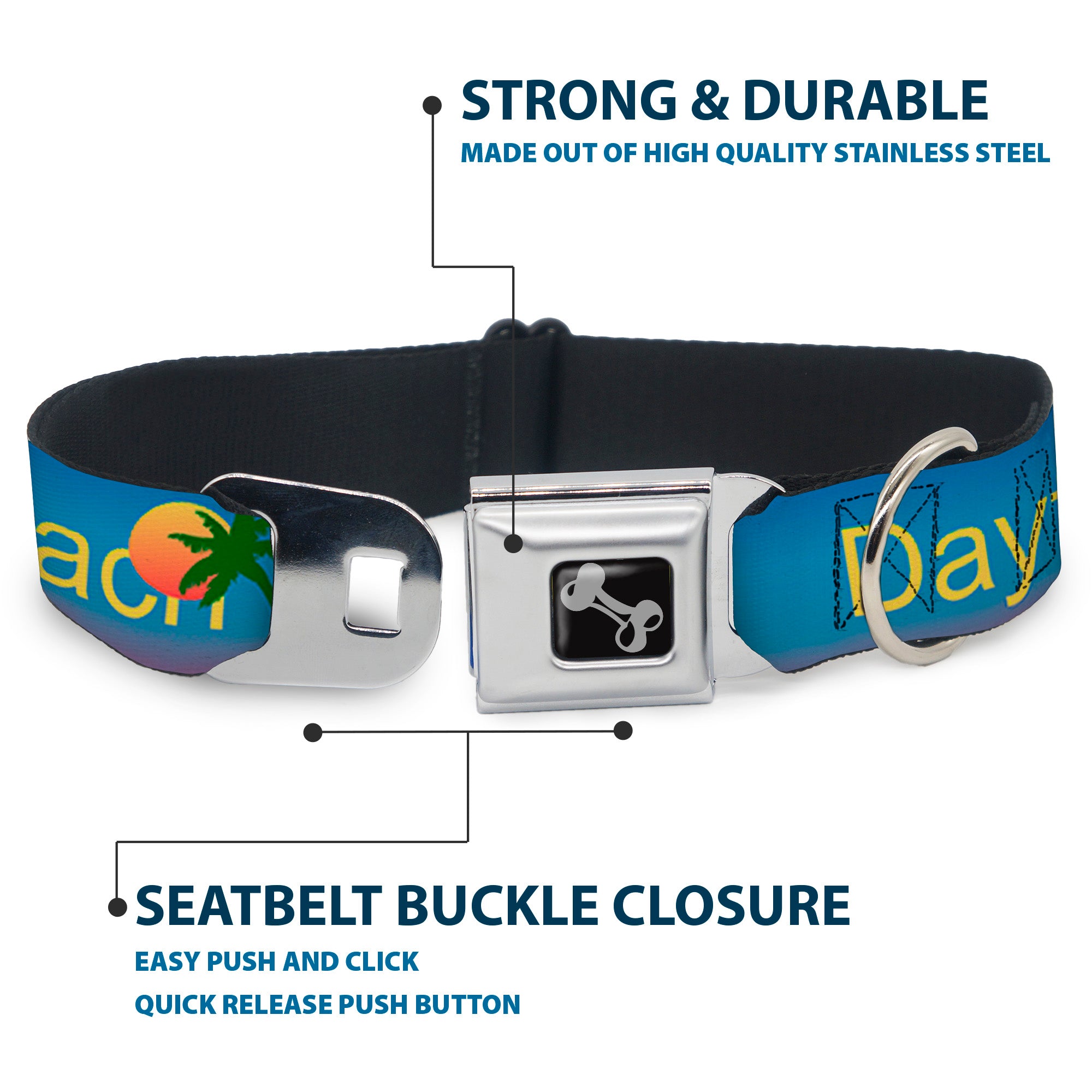 Dog Bone Seatbelt Buckle Collar - DAYTON BEACH Script/Sun/Palm Trees Blue Fade/Yellow/Oranges/Green Seatbelt Buckle Collars Buckle-Down