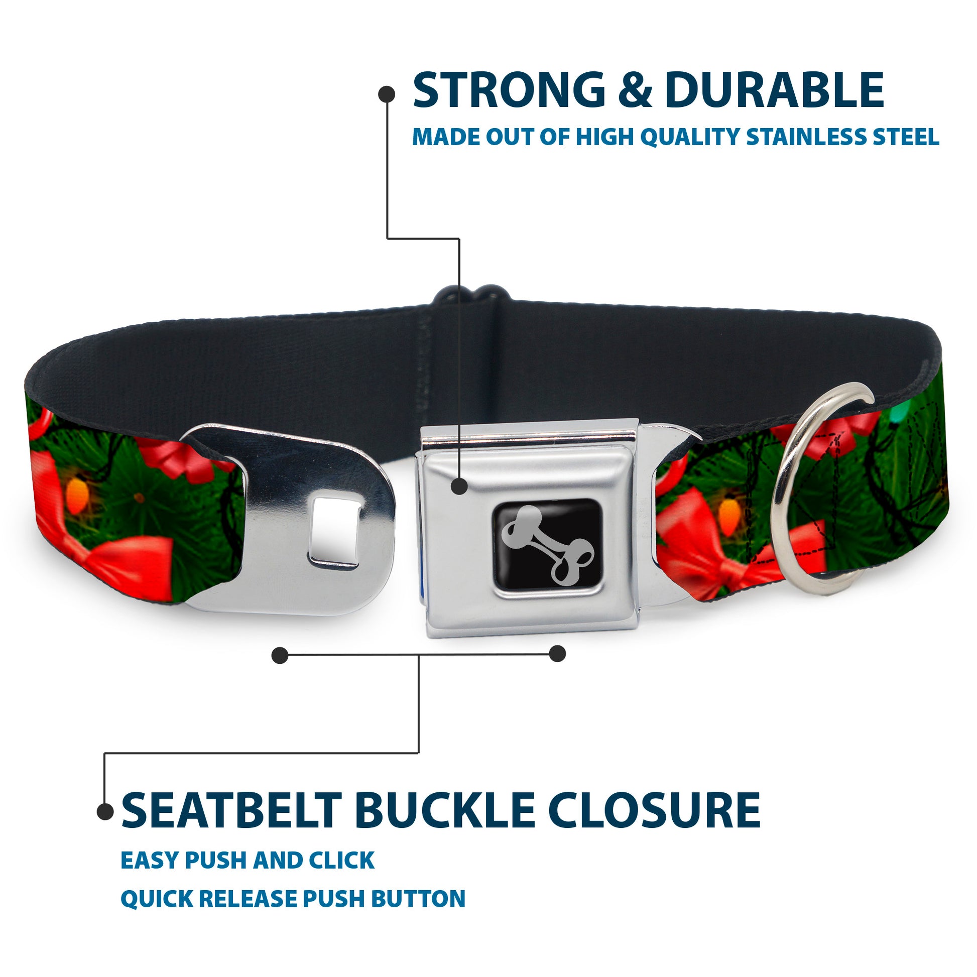 Dog Bone Seatbelt Buckle Collar - Decorated Tree2 w/Bows/Lights/Candy Canes Seatbelt Buckle Collars Buckle-Down