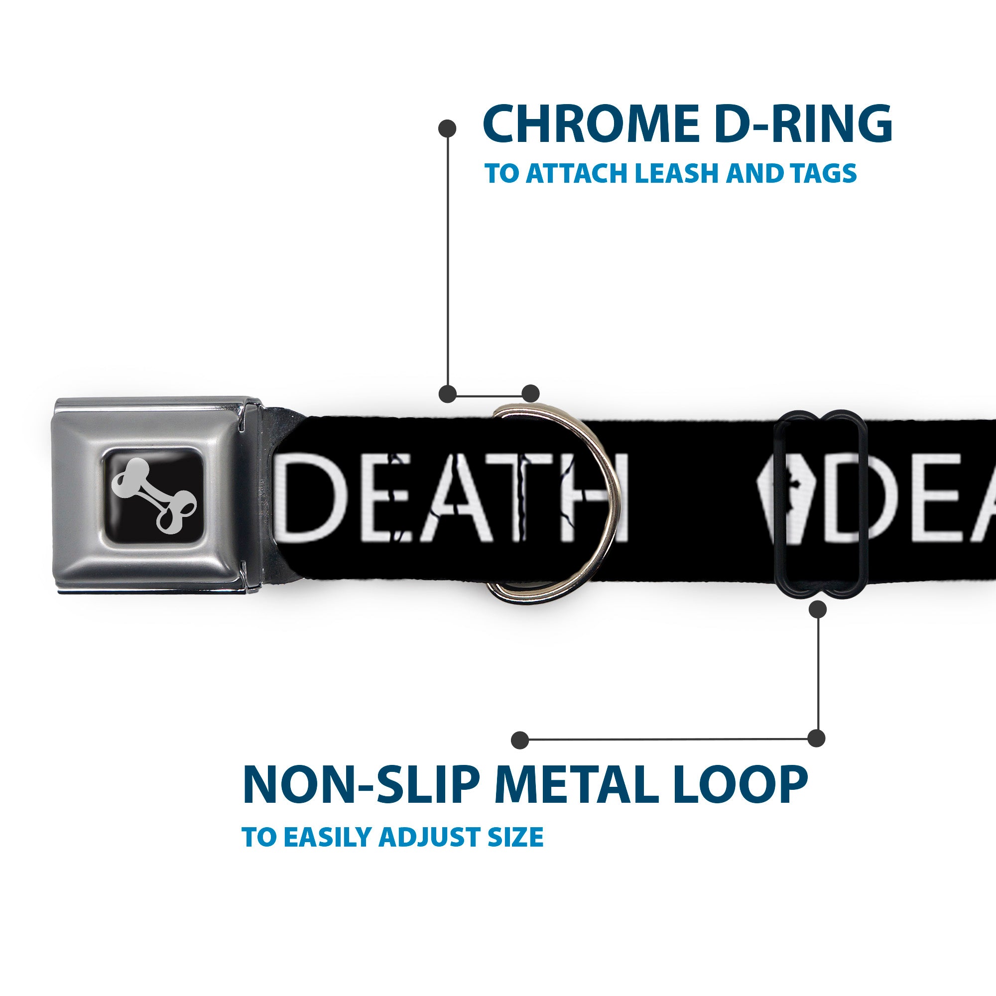 Dog Bone Black/Silver Seatbelt Buckle Collar - DEATH/Coffin Black/White Seatbelt Buckle Collars Buckle-Down