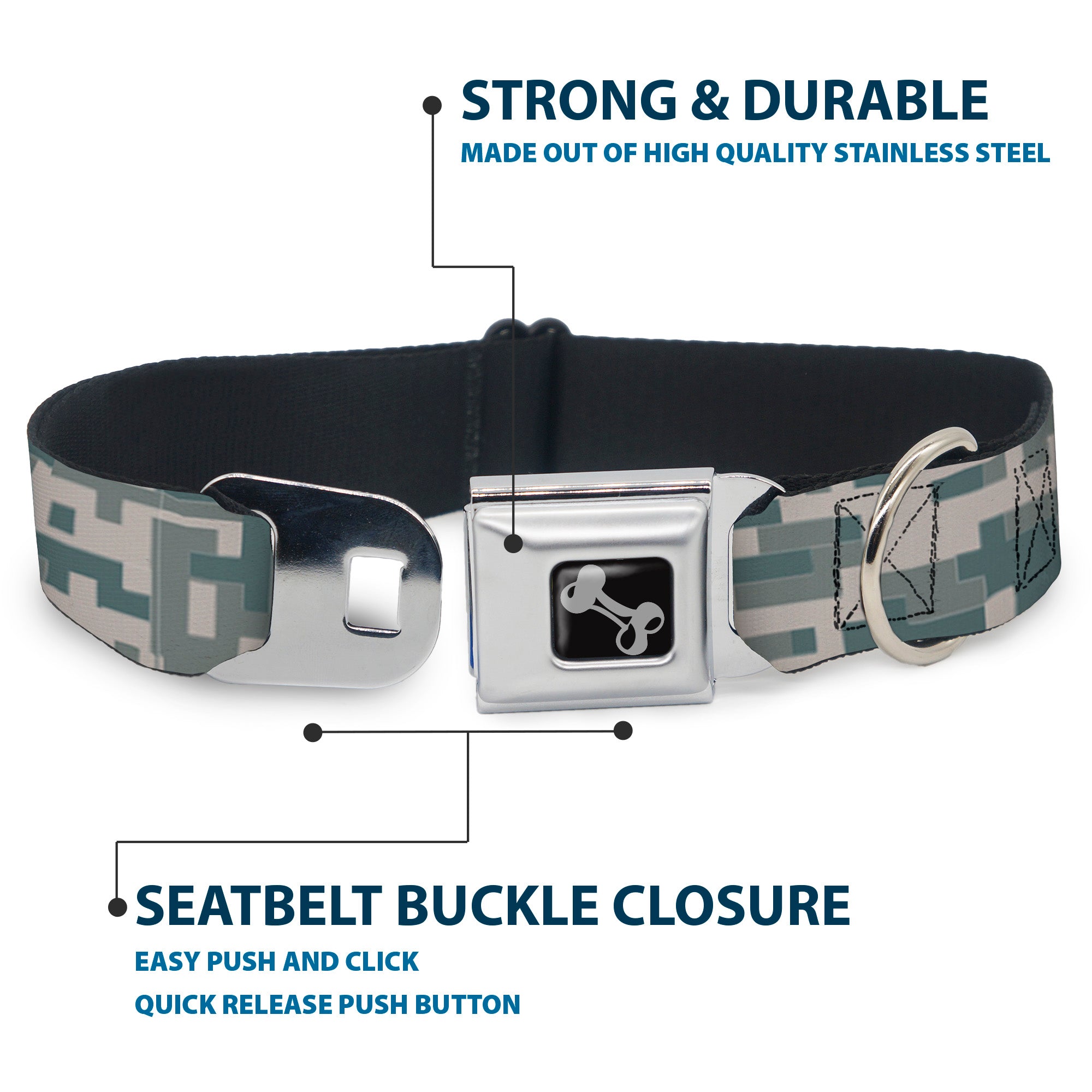 Dog Bone Black/Silver Seatbelt Buckle Collar - Digital Camo2 Grays Seatbelt Buckle Collars Buckle-Down