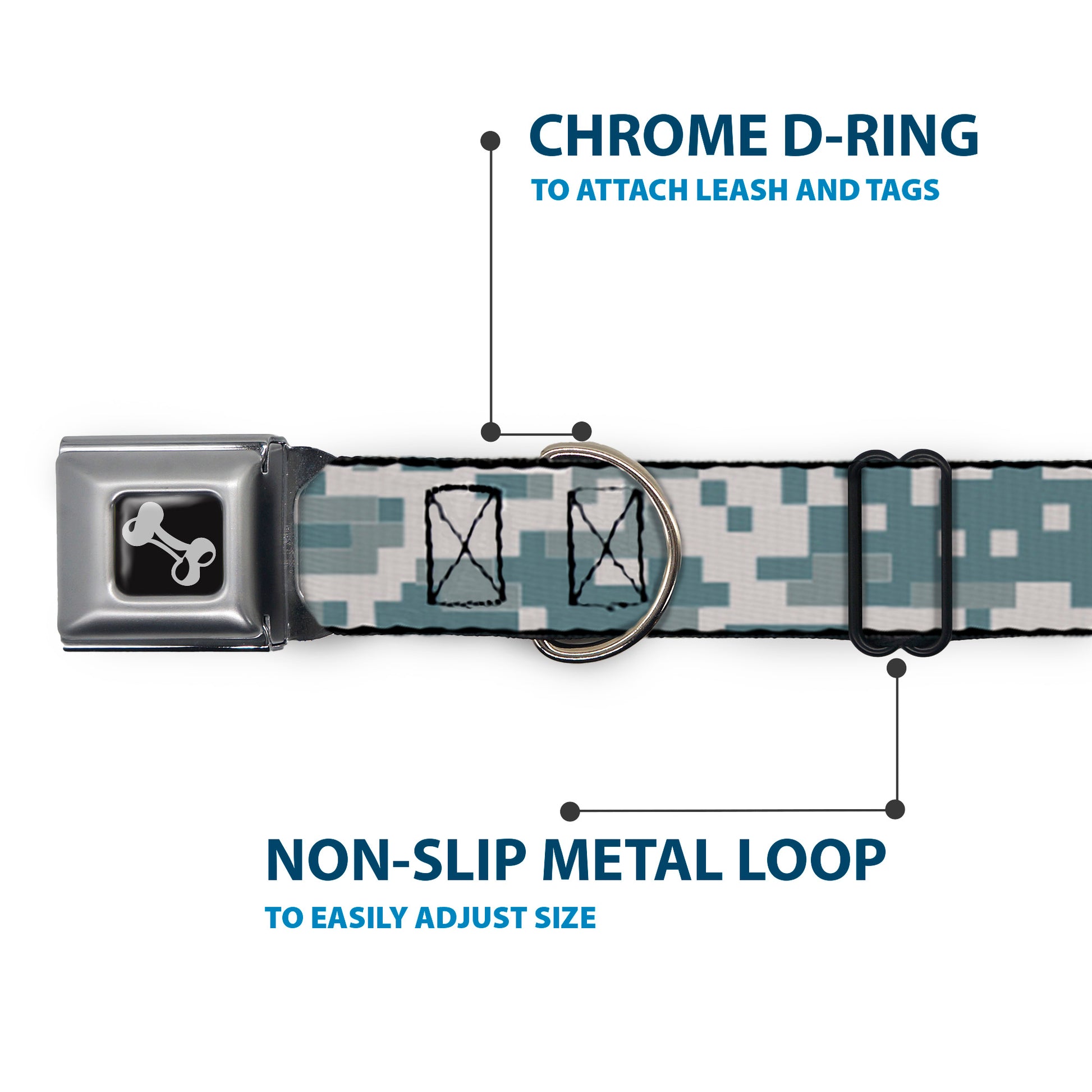 Dog Bone Black/Silver Seatbelt Buckle Collar - Digital Camo2 Grays Seatbelt Buckle Collars Buckle-Down