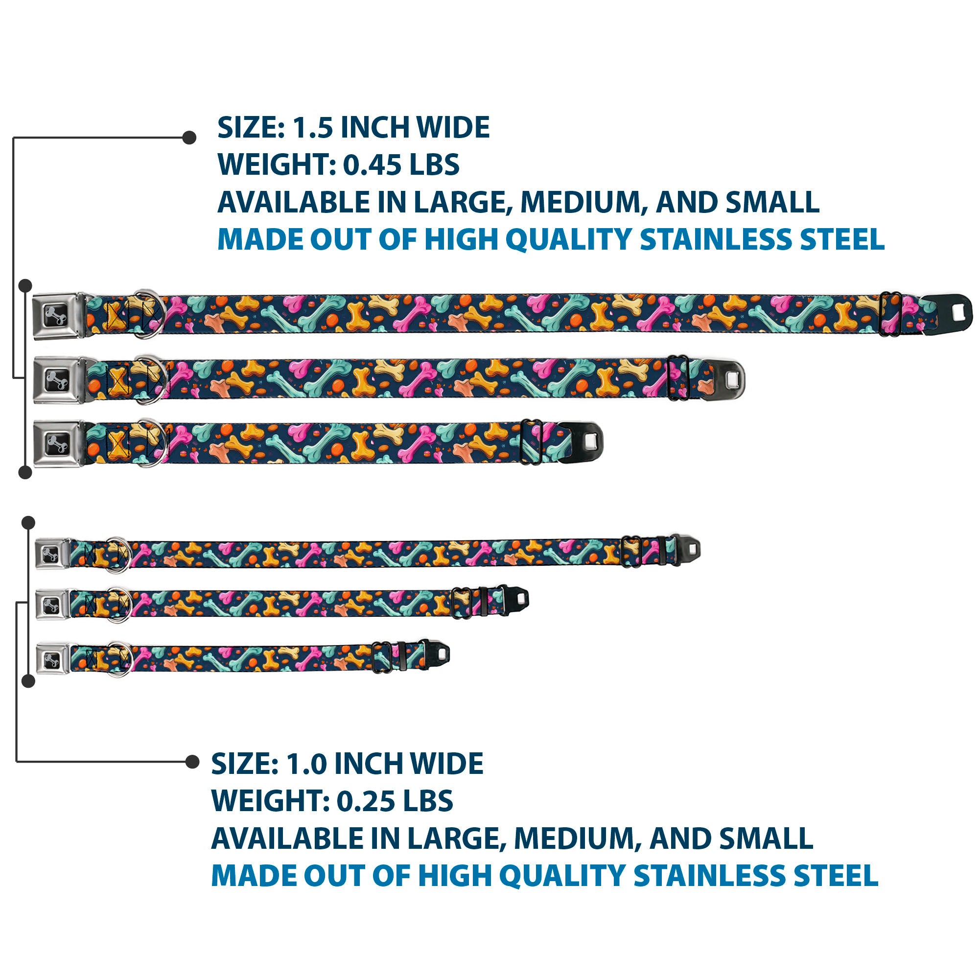 Dog Bone Black/Silver Seatbelt Buckle Collar - Dog Bone Treats Scattered Blue/Multi Color Seatbelt Buckle Collars Buckle-Down