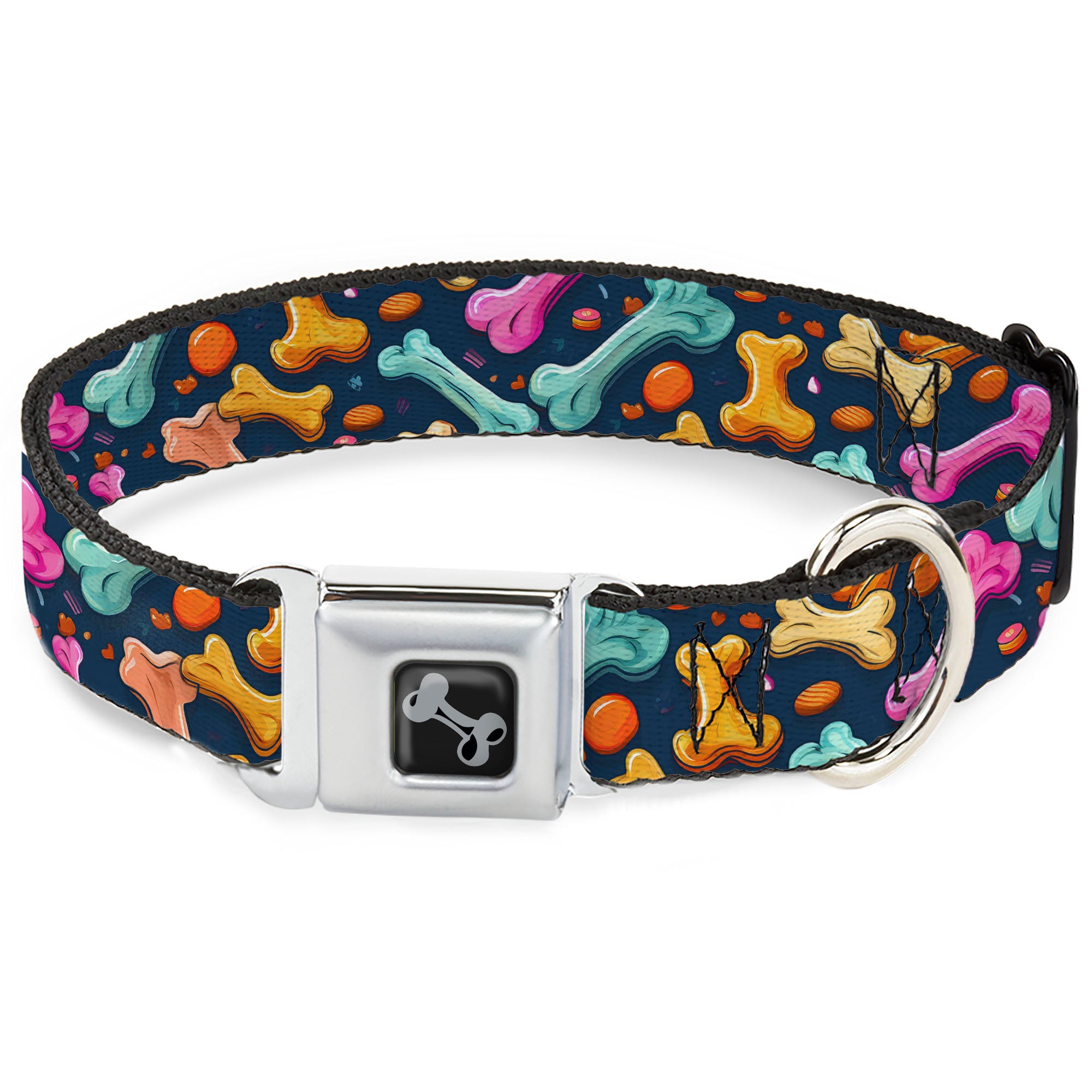 Dog Bone Black/Silver Seatbelt Buckle Collar - Dog Bone Treats Scattered Blue/Multi Color Seatbelt Buckle Collars Buckle-Down