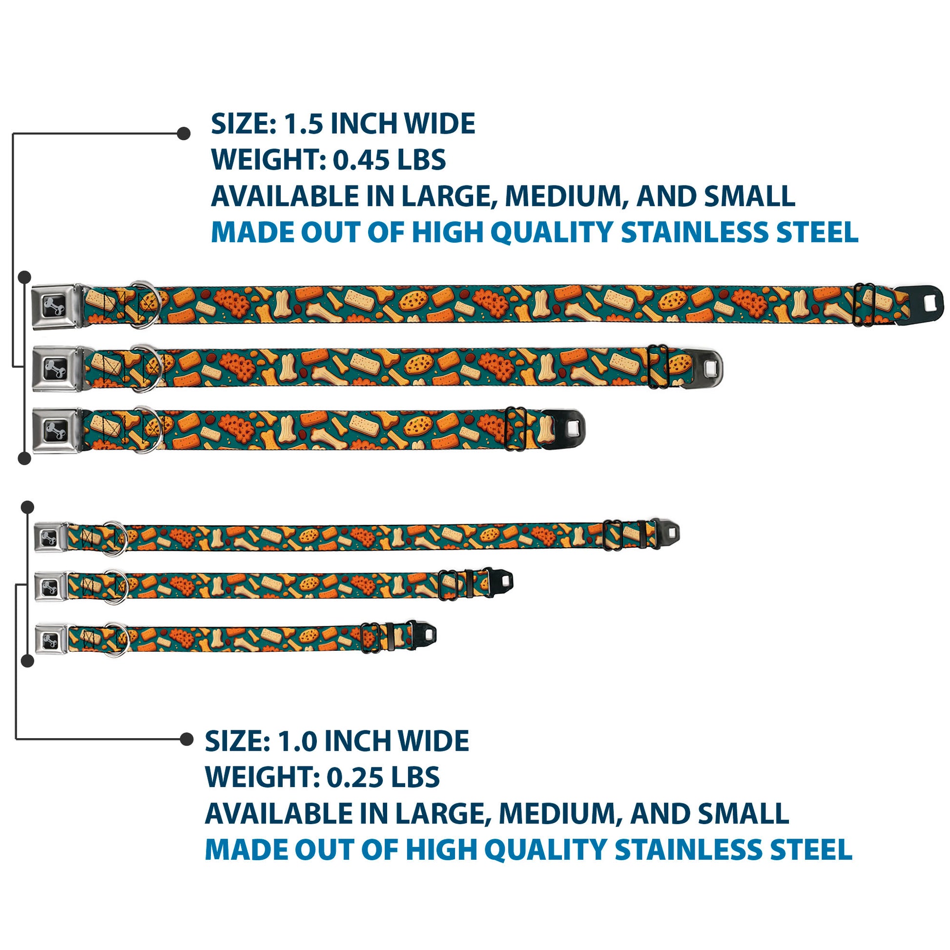 Dog Bone Black/Silver Seatbelt Buckle Collar - Dog Bone and Biscuit Treats Scattered Blue/Browns Seatbelt Buckle Collars Buckle-Down