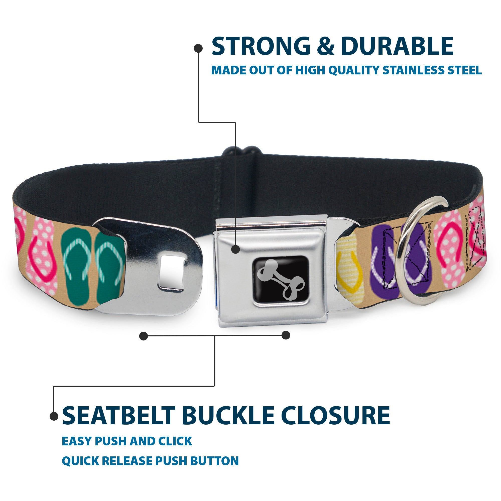 Dog Bone Seatbelt Buckle Collar - Flip Flops5 CLOSE-UP Sand/Multi Color Seatbelt Buckle Collars Buckle-Down