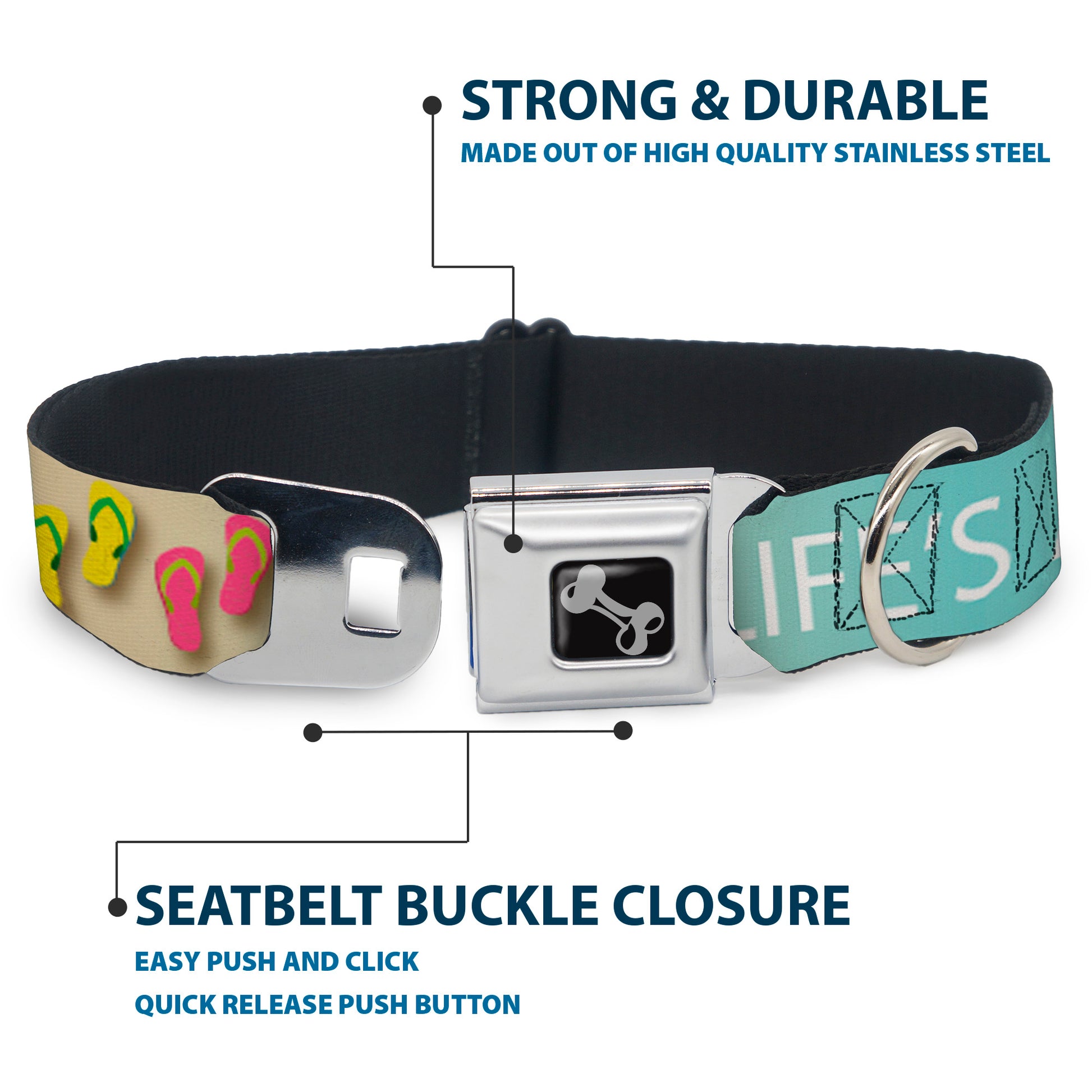 Dog Bone Seatbelt Buckle Collar - Flip Flops7 LIFE'S A BEACH Tan/Aqua/White Seatbelt Buckle Collars Buckle-Down