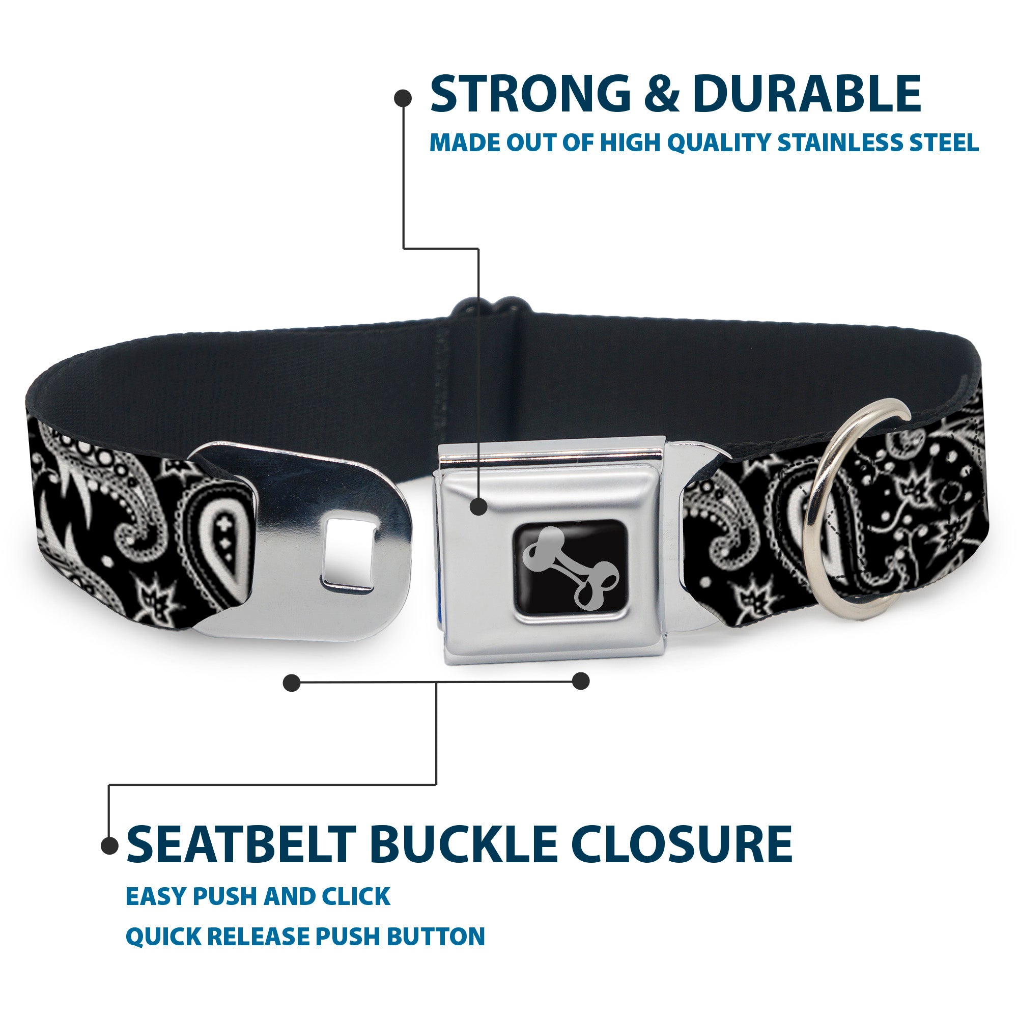 Dog Bone Seatbelt Buckle Collar - Floral Paisley3 Black/White Seatbelt Buckle Collars Buckle-Down