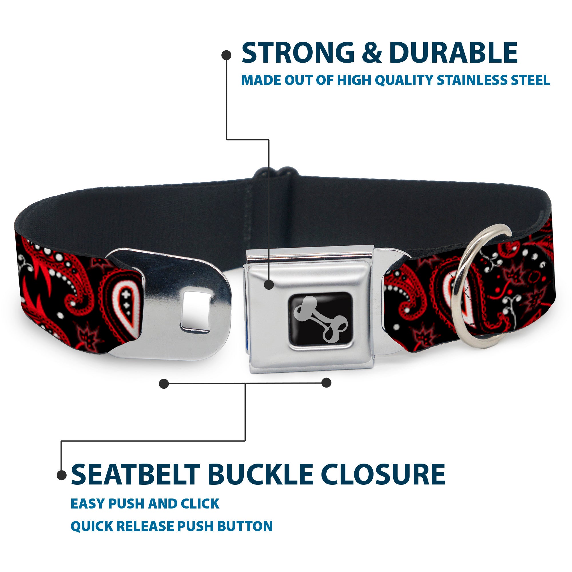Dog Bone Seatbelt Buckle Collar - Floral Paisley3 Black/Red/Gray/White Seatbelt Buckle Collars Buckle-Down