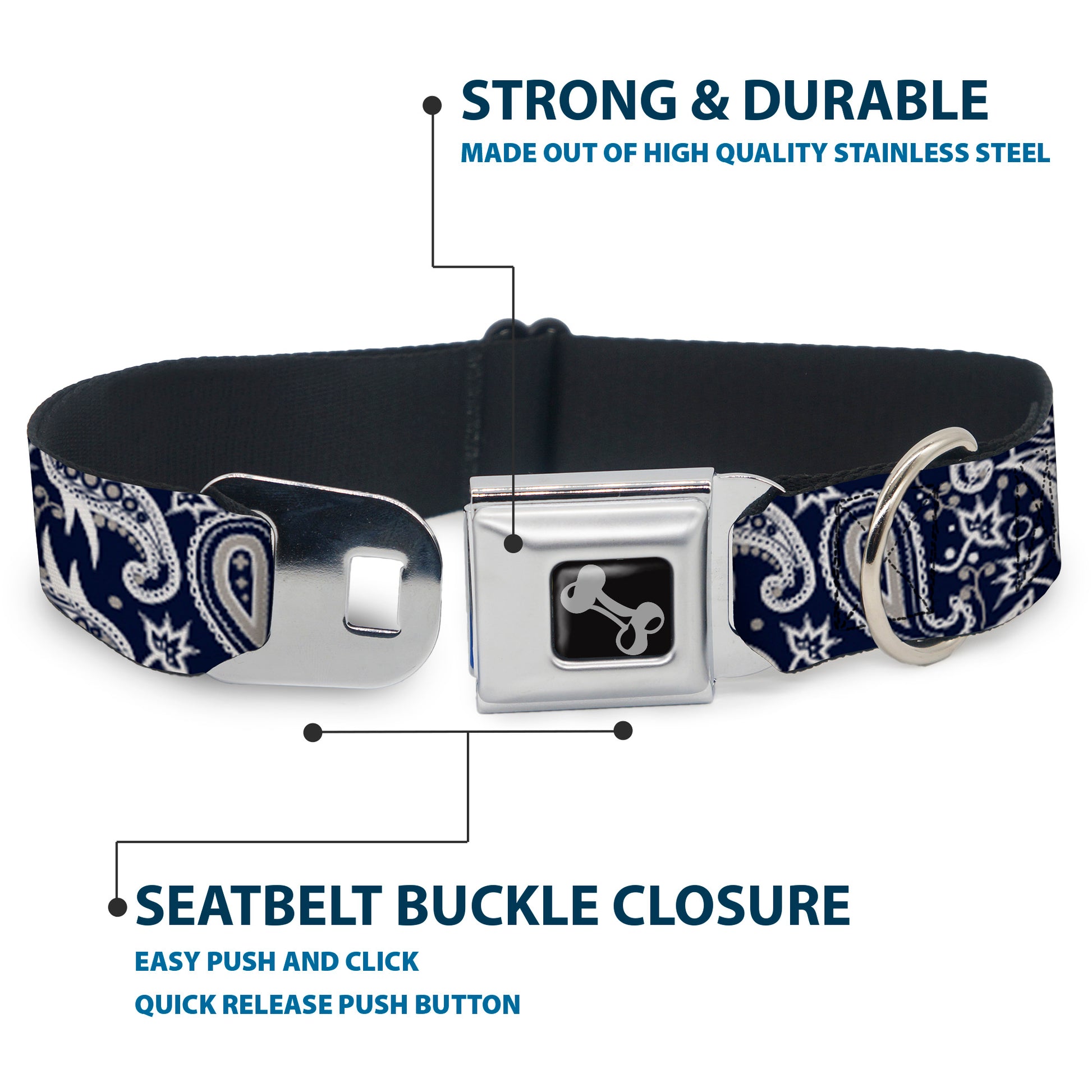 Dog Bone Seatbelt Buckle Collar - Floral Paisley3 Blue/White/Gray Seatbelt Buckle Collars Buckle-Down