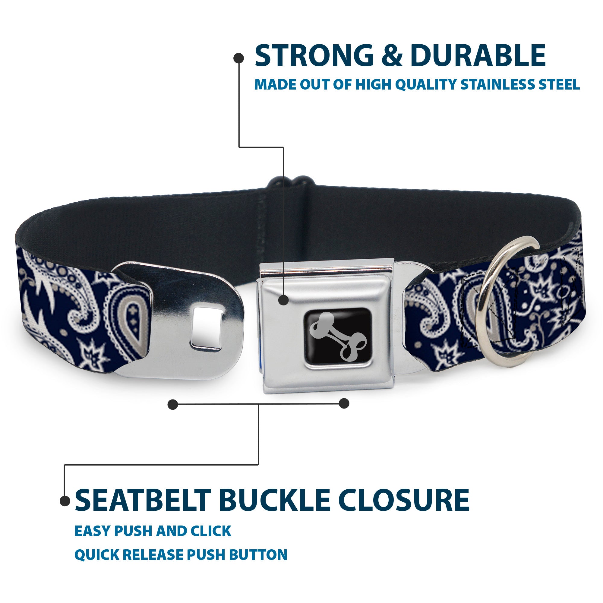 Dog Bone Seatbelt Buckle Collar - Floral Paisley3 Blue/White/Gray Seatbelt Buckle Collars Buckle-Down