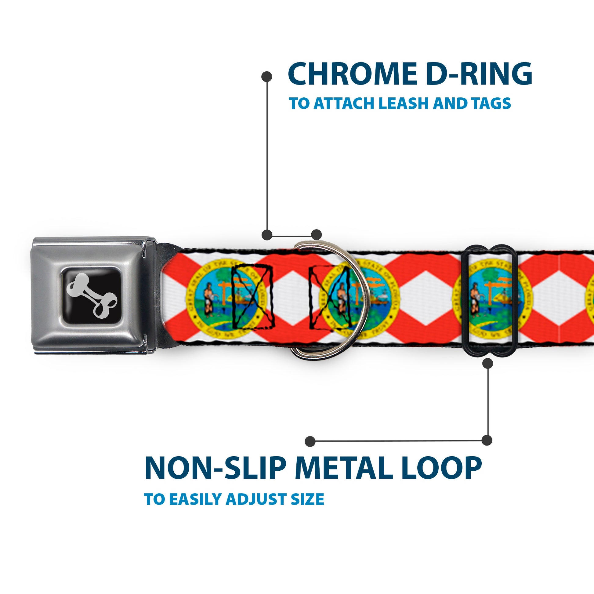 Dog Bone Black/Silver Seatbelt Buckle Collar - Florida Flag Continuous Seatbelt Buckle Collars Buckle-Down