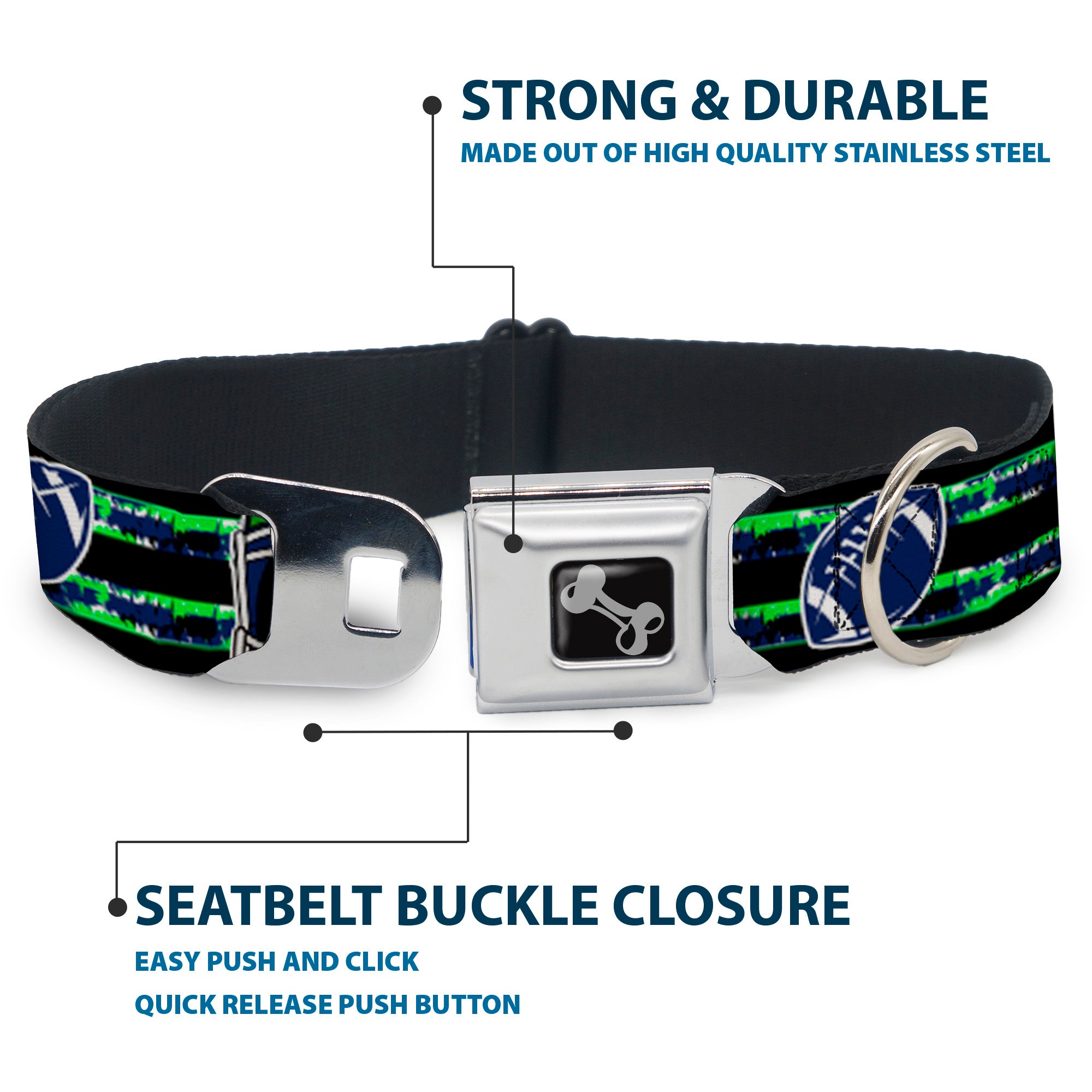 Dog Bone Black/Silver Seatbelt Buckle Collar - Football/Helmet Stripe Black/Neon Green/Blue Seatbelt Buckle Collars Buckle-Down