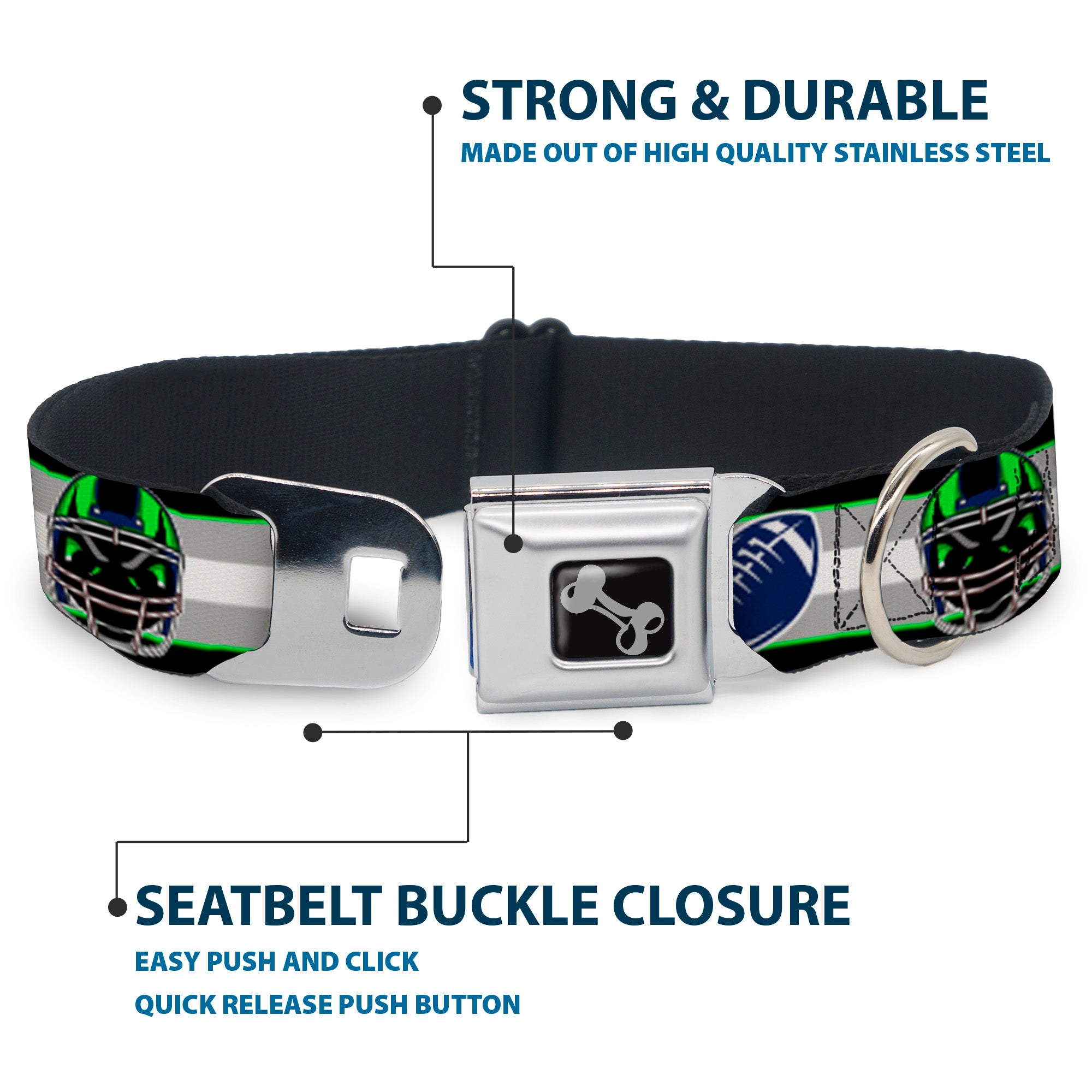Dog Bone Black/Silver Seatbelt Buckle Collar - Football/Helmet Stripe2 Black/Neon Green/Silver/White/Blue Seatbelt Buckle Collars Buckle-Down