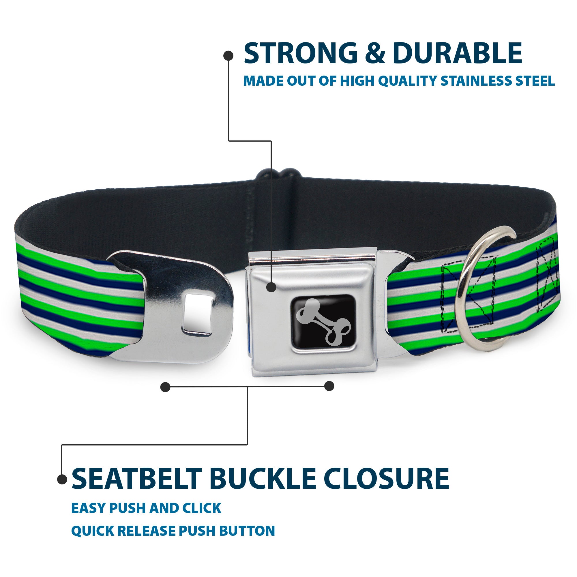 Dog Bone Black/Silver Seatbelt Buckle Collar - Fine Stripes White/Neon Green/Navy Seatbelt Buckle Collars Buckle-Down