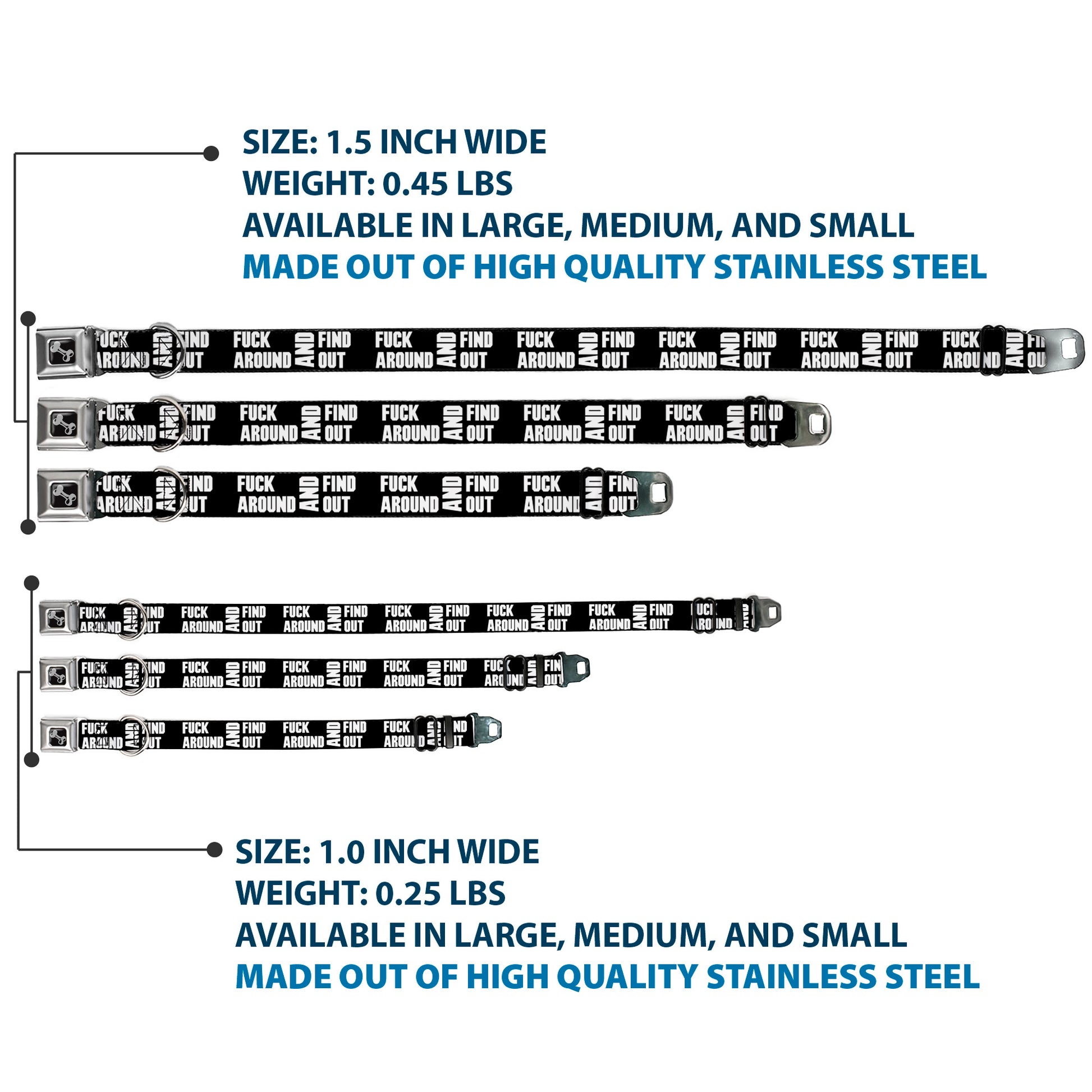 Dog Bone Black/Silver Seatbelt Buckle Collar - FAFO FUCK AROUND AND FIND OUT Bold Black/White Seatbelt Buckle Collars Buckle-Down