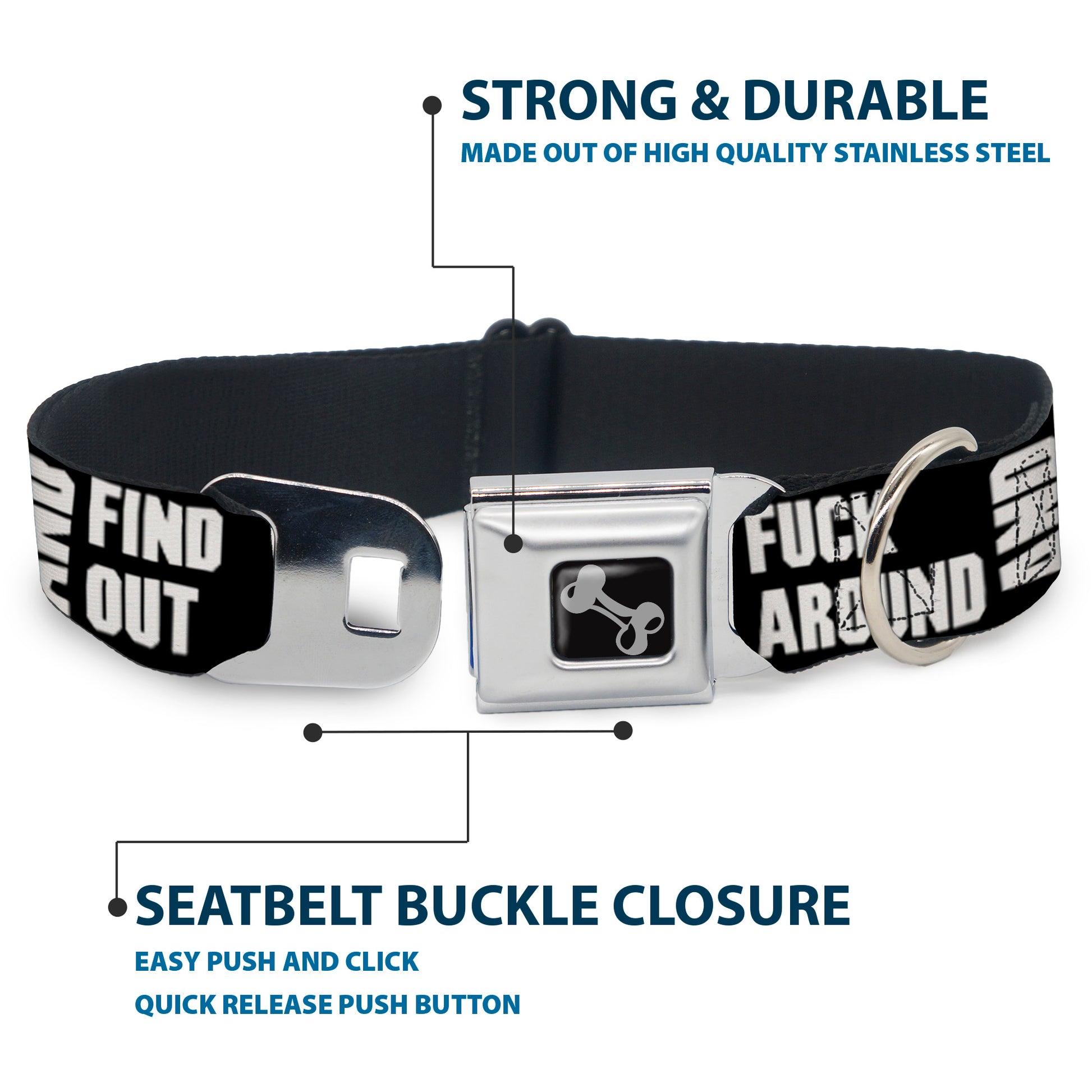 Dog Bone Black/Silver Seatbelt Buckle Collar - FAFO FUCK AROUND AND FIND OUT Bold Black/White Seatbelt Buckle Collars Buckle-Down