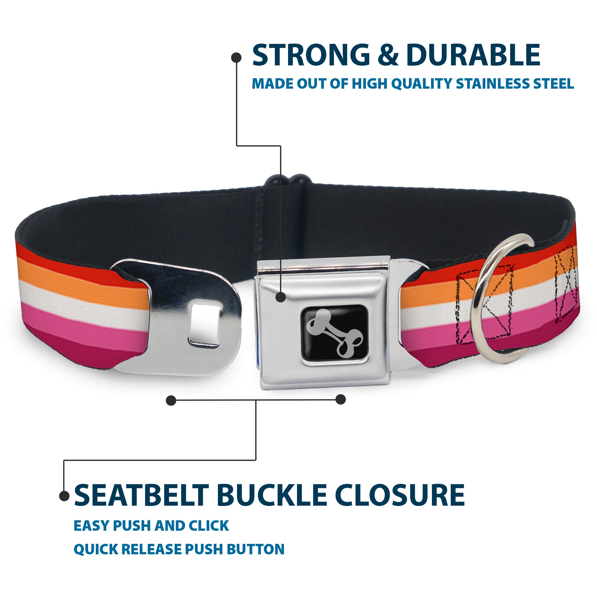 Dog Bone Black/Silver Seatbelt Buckle Collar - Flag Lesbian Five Stripe Oranges/White/Pinks Seatbelt Buckle Collars Buckle-Down
