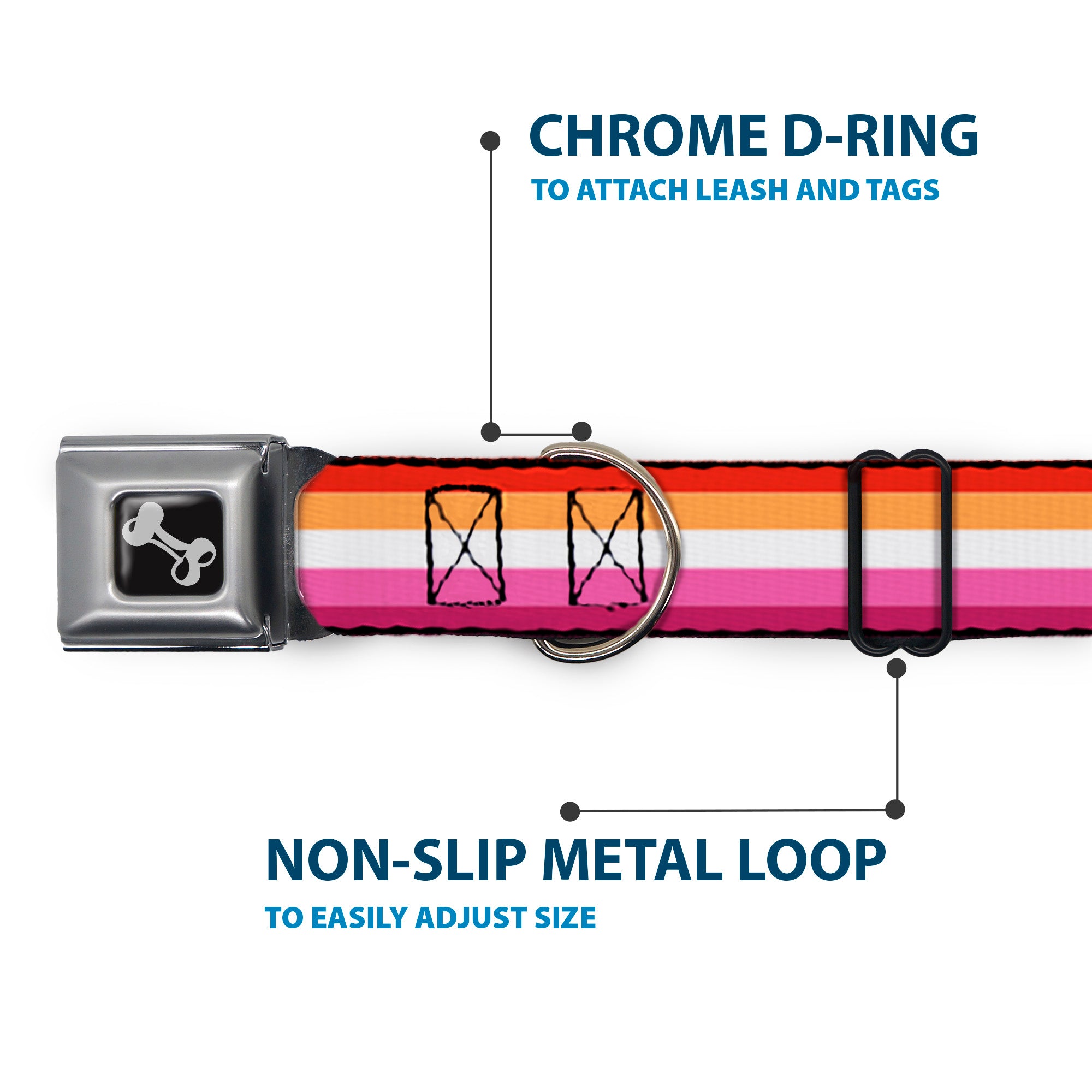 Dog Bone Black/Silver Seatbelt Buckle Collar - Flag Lesbian Five Stripe Oranges/White/Pinks Seatbelt Buckle Collars Buckle-Down