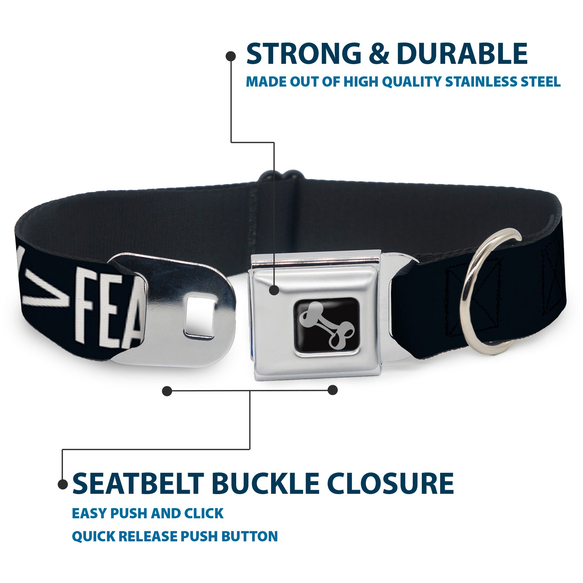 Dog Bone Black/Silver Seatbelt Buckle Collar - FAITH Greater Than FEAR Navy Blue/White Seatbelt Buckle Collars Buckle-Down