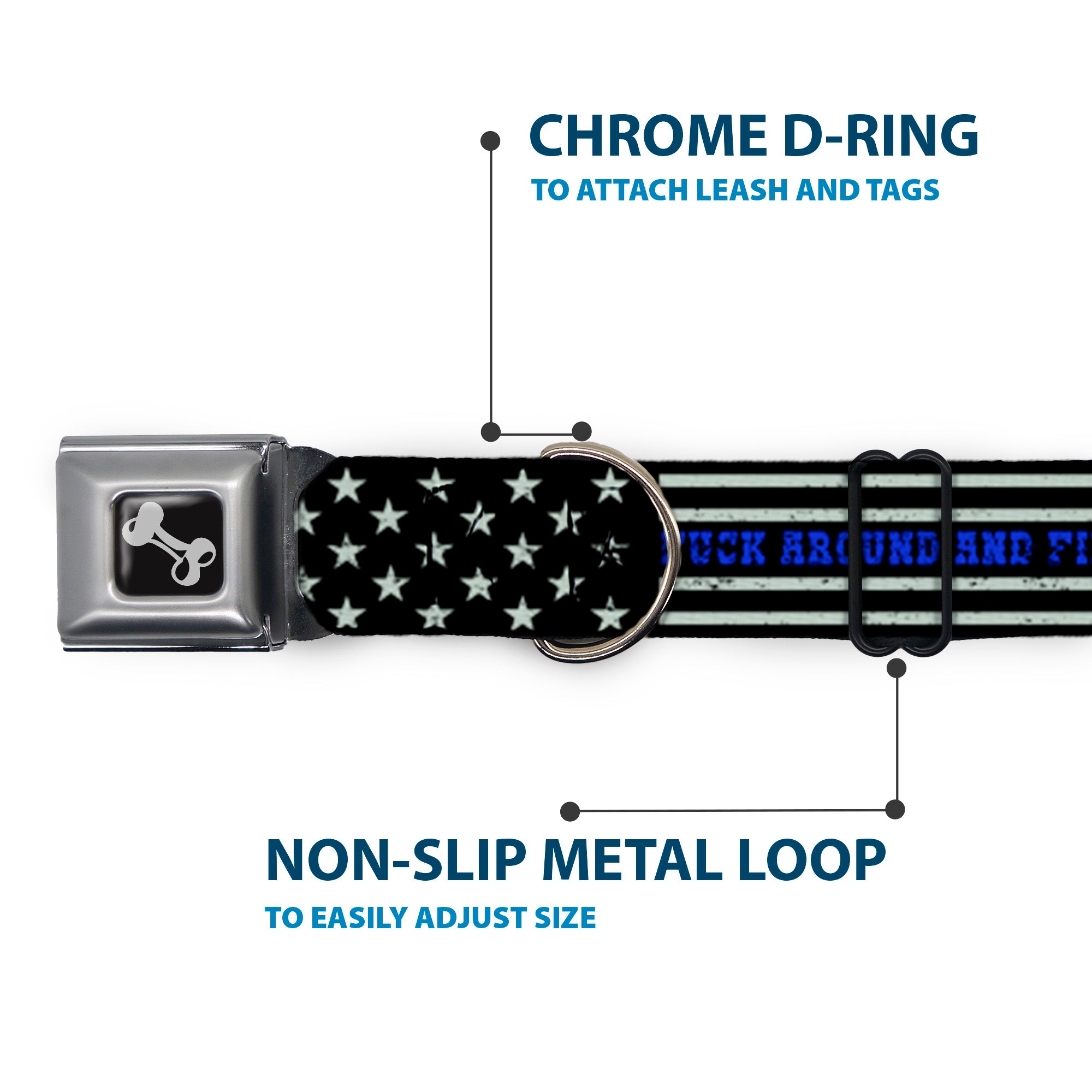 Dog Bone Black/Silver Seatbelt Buckle Collar - FAFO FUCK AROUND AND FIND OUT Thin Blue Line Flag Seatbelt Buckle Collars Buckle-Down