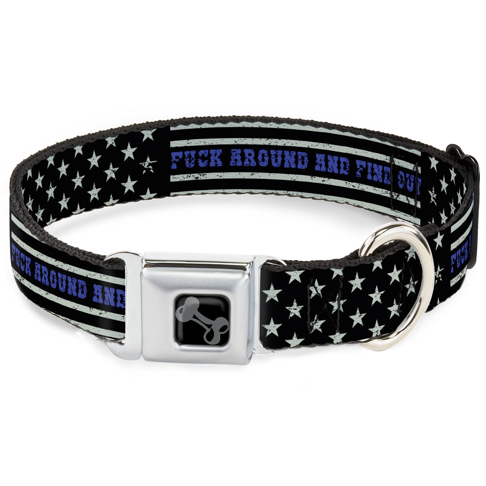 Dog Bone Black/Silver Seatbelt Buckle Collar - FAFO FUCK AROUND AND FIND OUT Thin Blue Line Flag Seatbelt Buckle Collars Buckle-Down