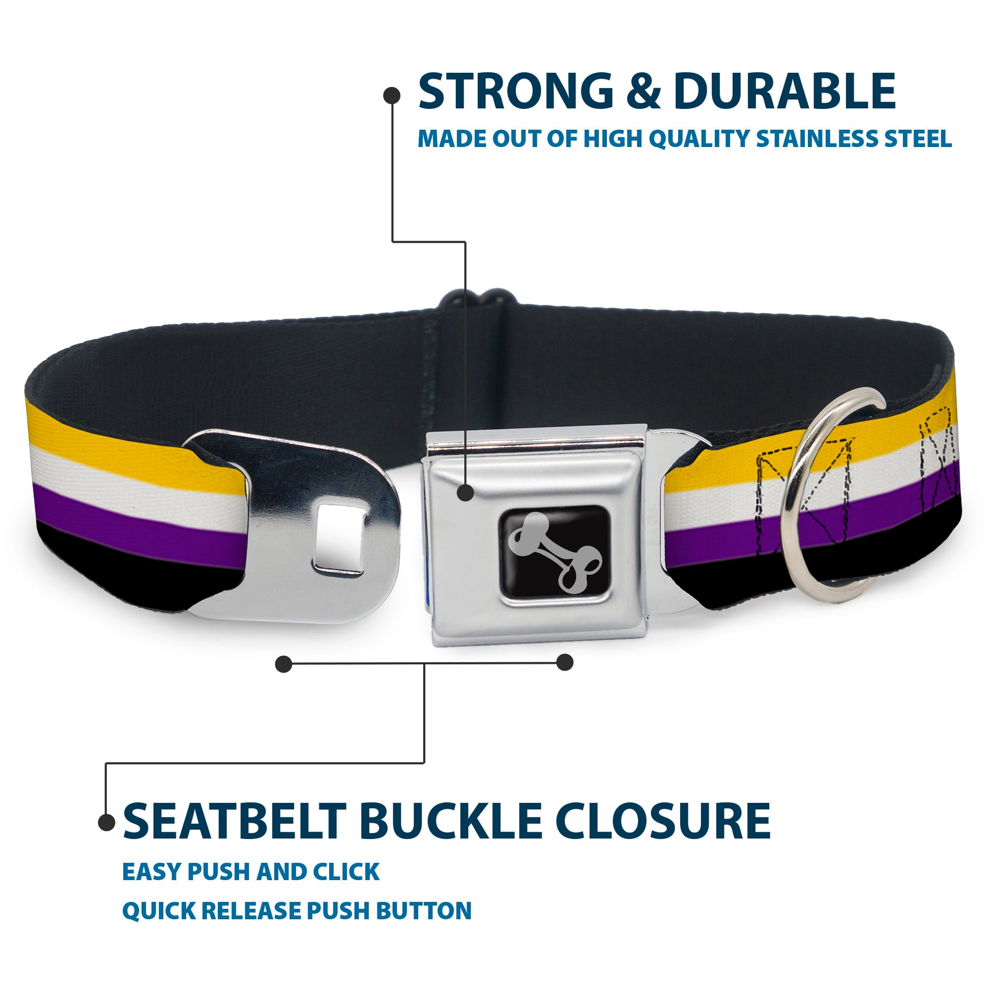 Dog Bone Black/Silver Seatbelt Buckle Collar - Flag Non-Binary Stripe Seatbelt Buckle Collars Buckle-Down