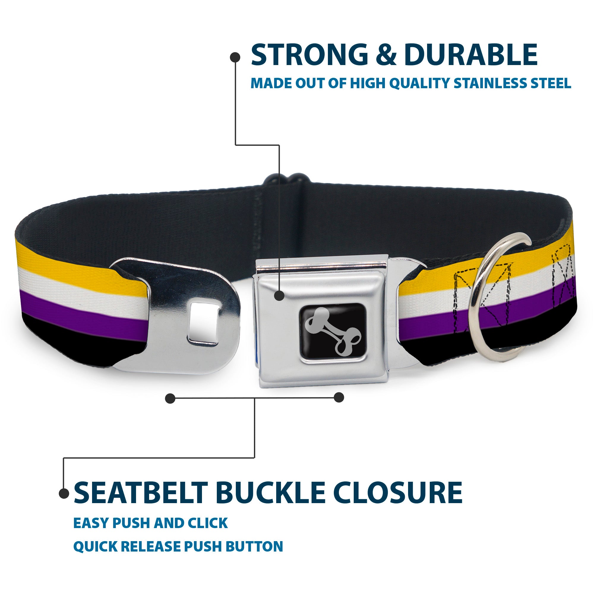 Dog Bone Black/Silver Seatbelt Buckle Collar - Flag Non-Binary Stripe Seatbelt Buckle Collars Buckle-Down