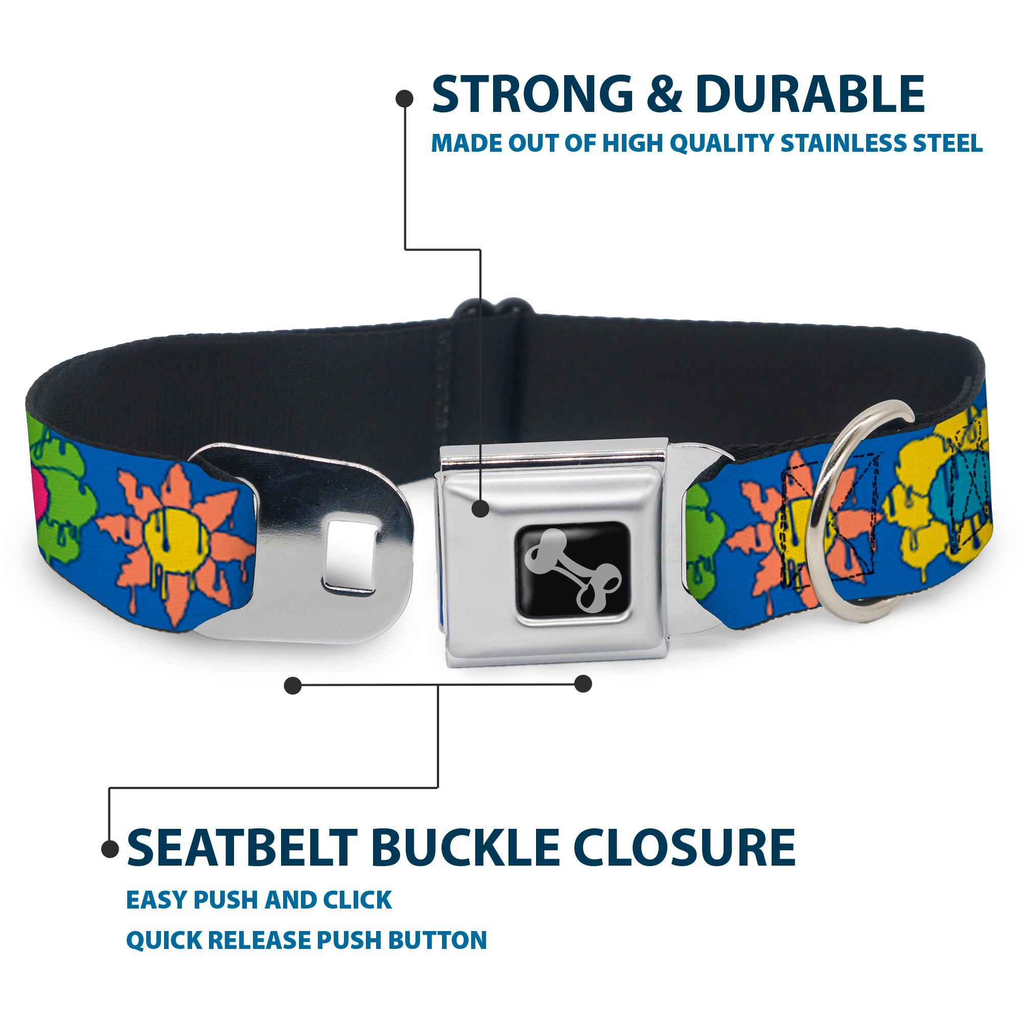 Dog Bone Black/Silver Seatbelt Buckle Collar - Funky Flower Drip Blue/Multi Color Seatbelt Buckle Collars Buckle-Down
