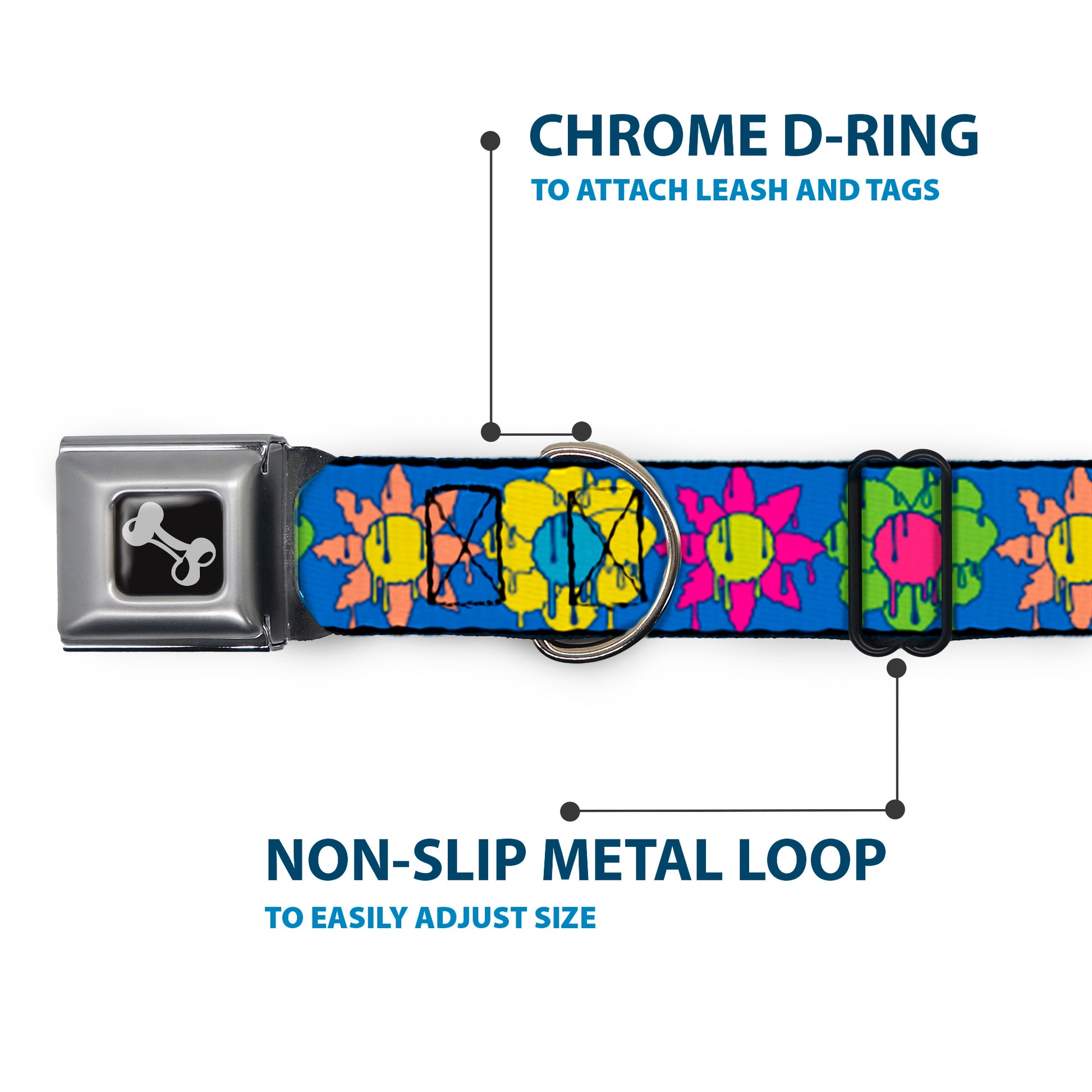 Dog Bone Black/Silver Seatbelt Buckle Collar - Funky Flower Drip Blue/Multi Color Seatbelt Buckle Collars Buckle-Down