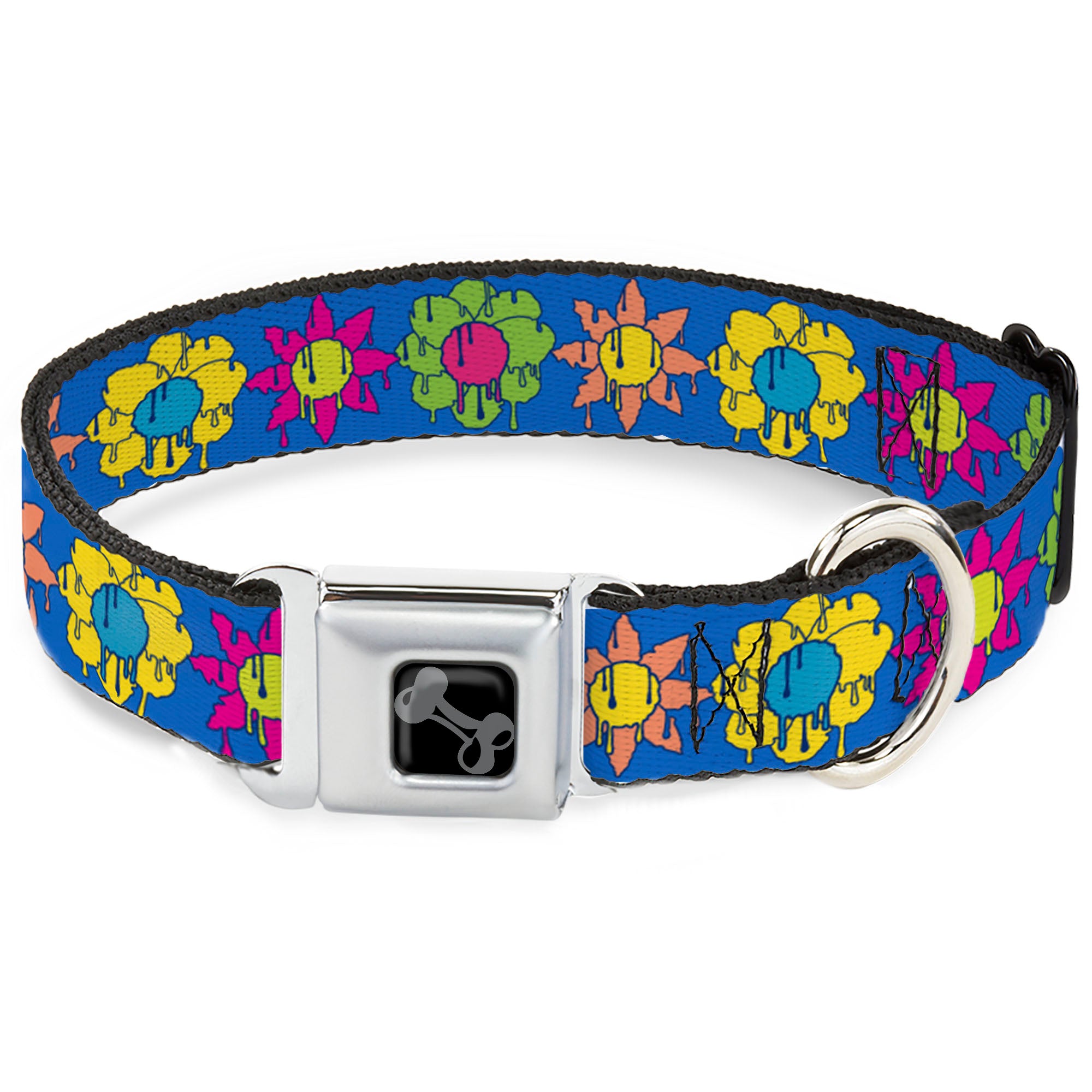 Dog Bone Black/Silver Seatbelt Buckle Collar - Funky Flower Drip Blue/Multi Color Seatbelt Buckle Collars Buckle-Down