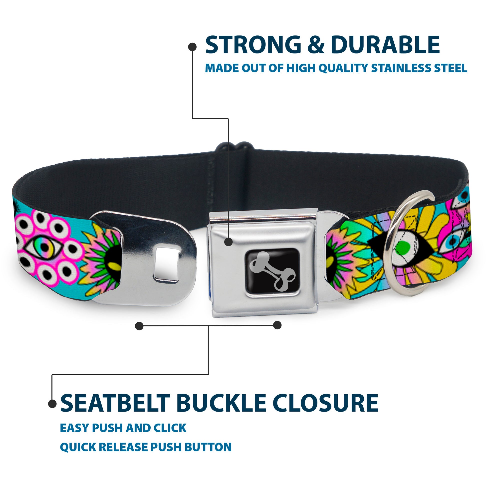 Dog Bone Black/Silver Seatbelt Buckle Collar - Funky Alien Flowers Aqua Blue/Multi Color Seatbelt Buckle Collars Buckle-Down
