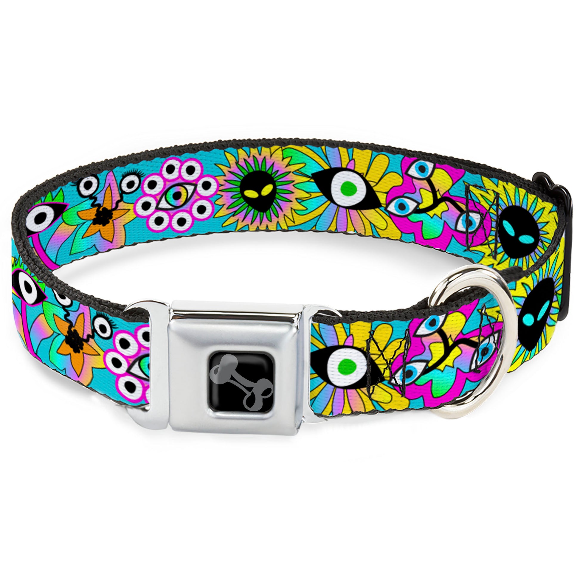 Dog Bone Black/Silver Seatbelt Buckle Collar - Funky Alien Flowers Aqua Blue/Multi Color Seatbelt Buckle Collars Buckle-Down