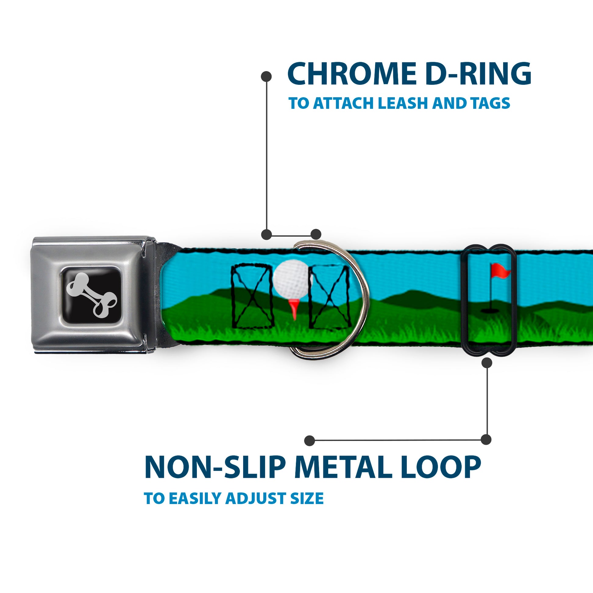 Dog Bone Black/Silver Seatbelt Buckle Collar - Golf Course/Balls/Holes Blues/Greens Seatbelt Buckle Collars Buckle-Down