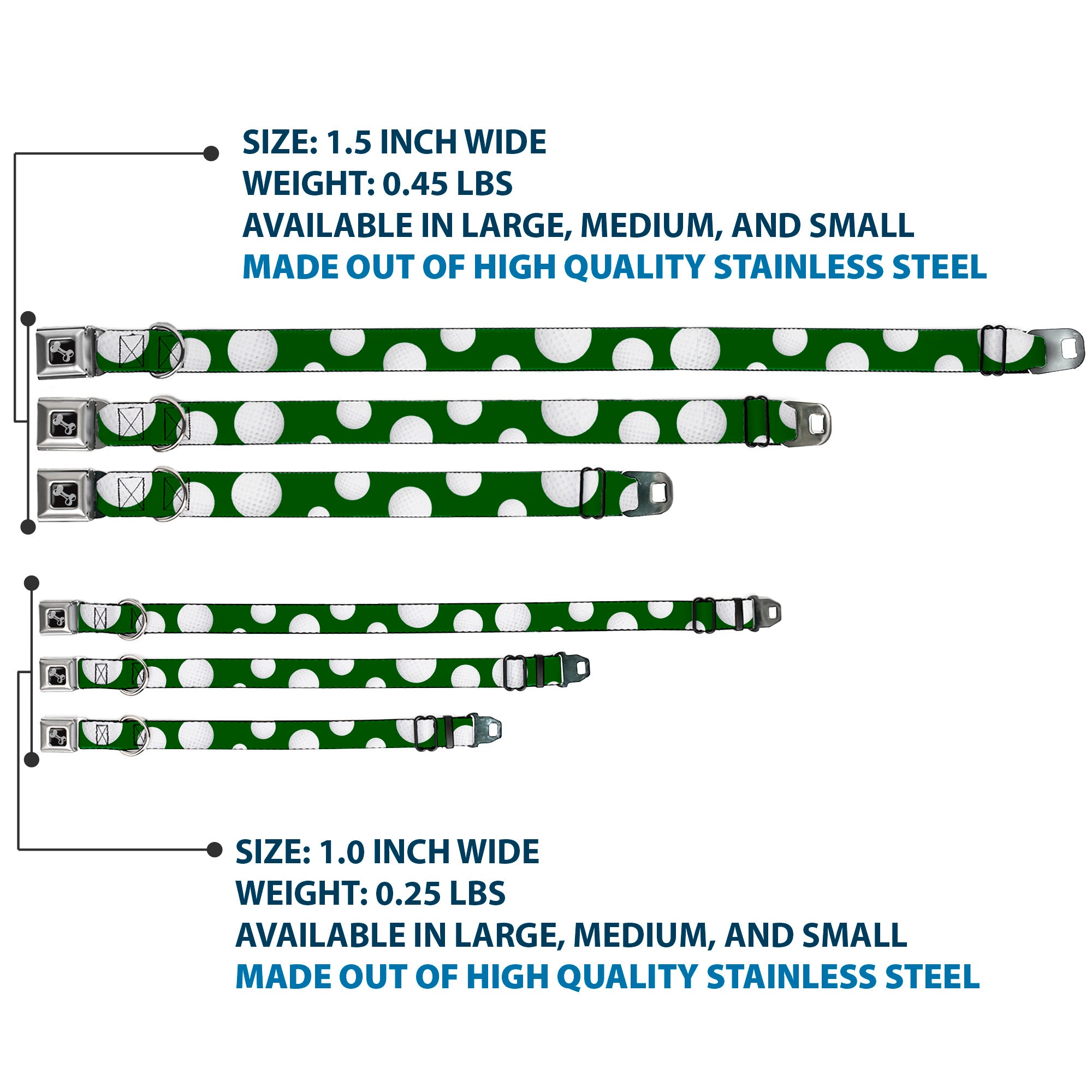 Dog Bone Black/Silver Seatbelt Buckle Collar - Golf Balls Scattered Green/White Seatbelt Buckle Collars Buckle-Down