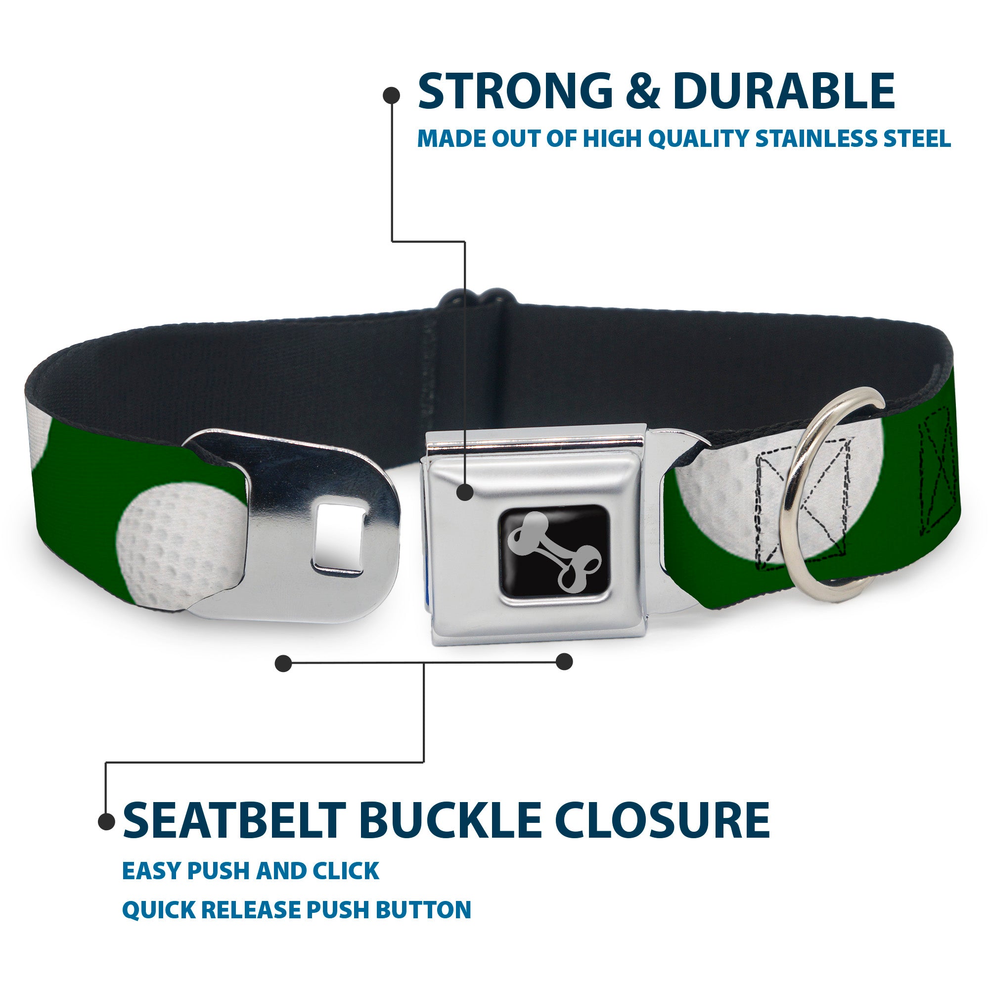 Dog Bone Black/Silver Seatbelt Buckle Collar - Golf Balls Scattered Green/White Seatbelt Buckle Collars Buckle-Down