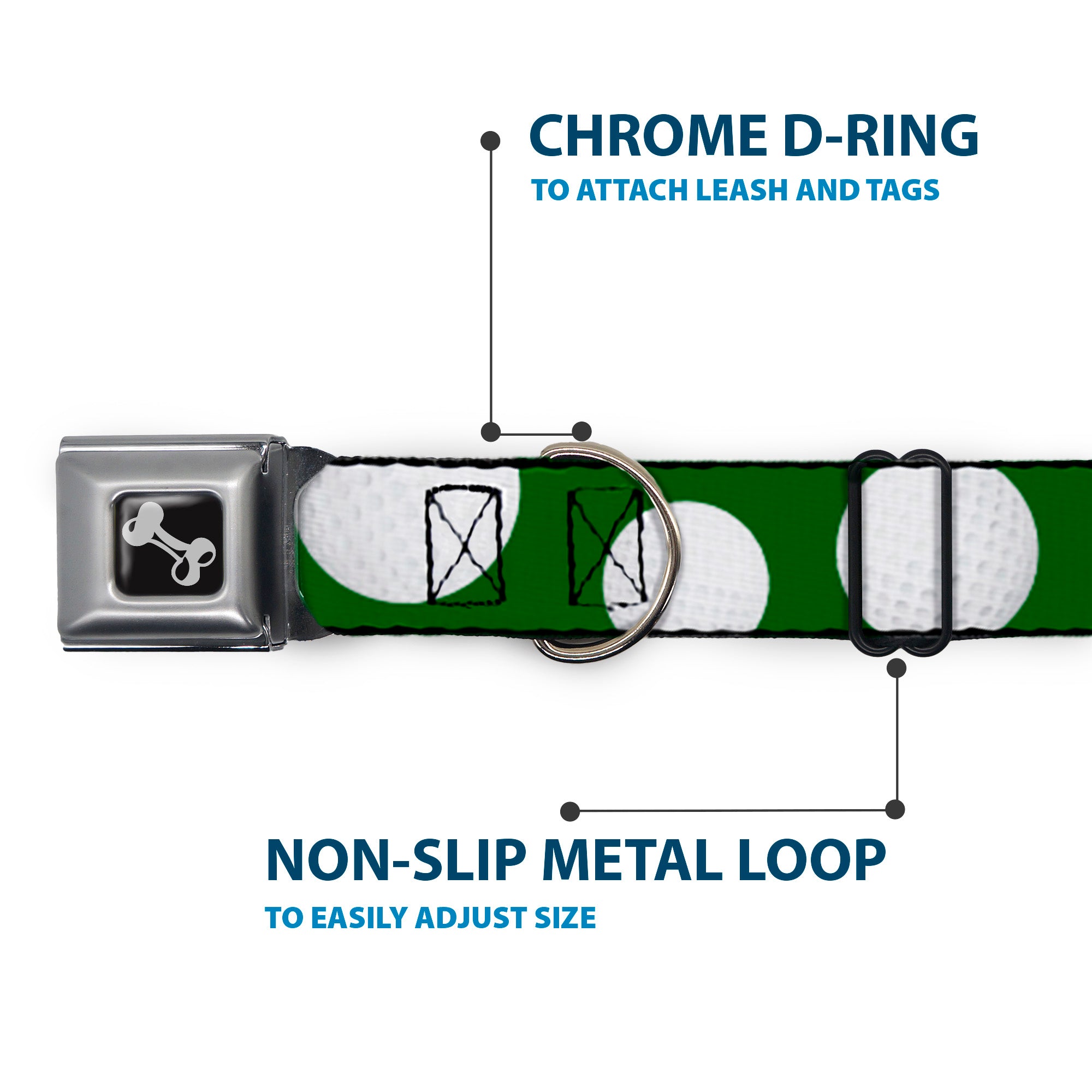 Dog Bone Black/Silver Seatbelt Buckle Collar - Golf Balls Scattered Green/White Seatbelt Buckle Collars Buckle-Down