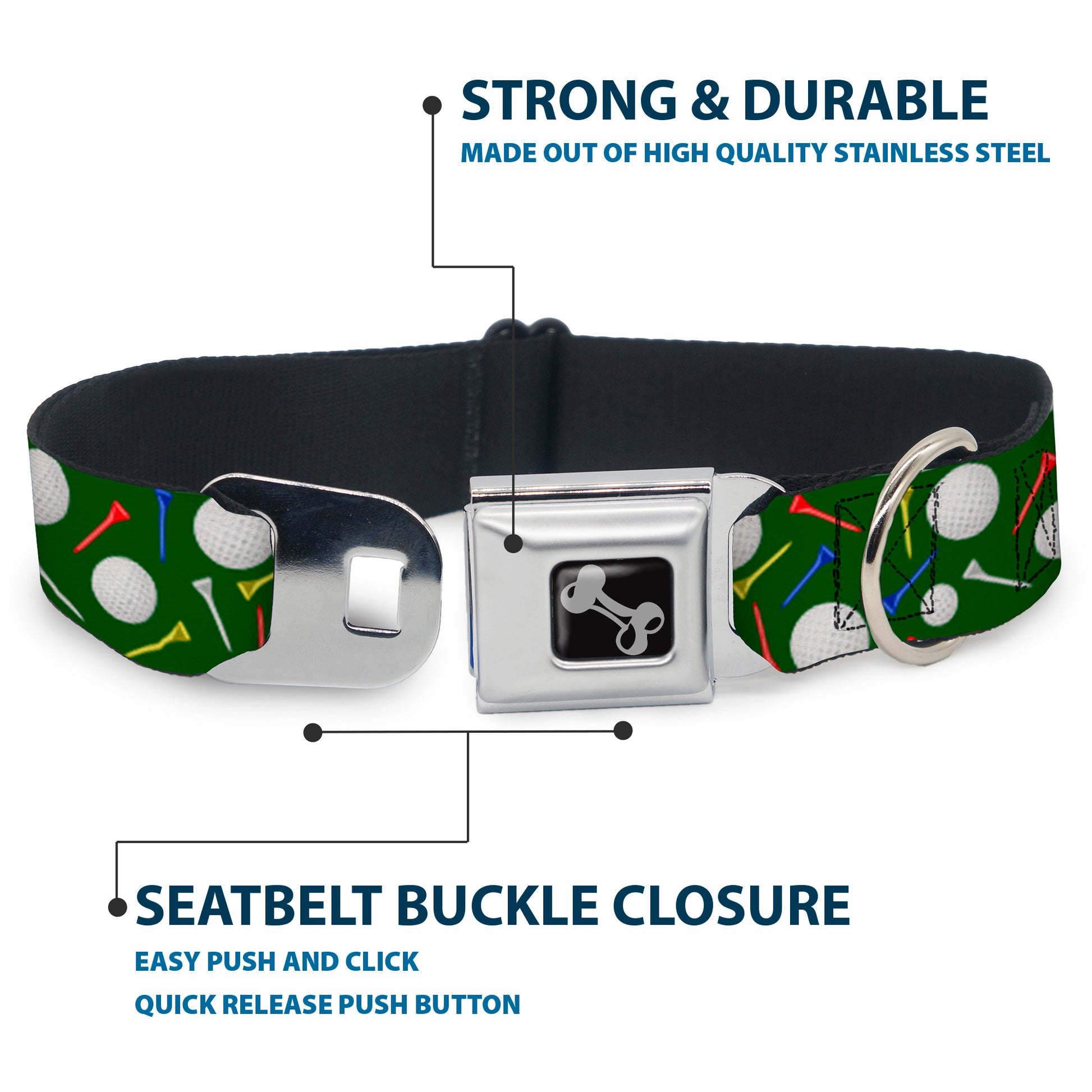 Dog Bone Black/Silver Seatbelt Buckle Collar - Golf Balls/Tees Scattered Green/Multi Color Seatbelt Buckle Collars Buckle-Down