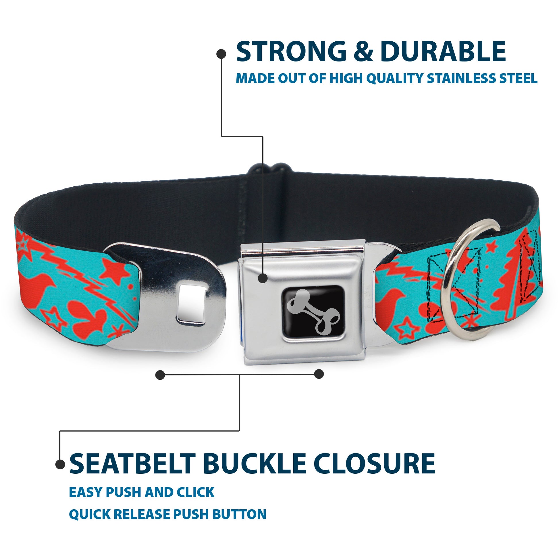 Dog Bone Black/Silver Seatbelt Buckle Collar - GRATEFUL OPTIMISM BE KIND Icons Collage Blue/Red Seatbelt Buckle Collars Buckle-Down