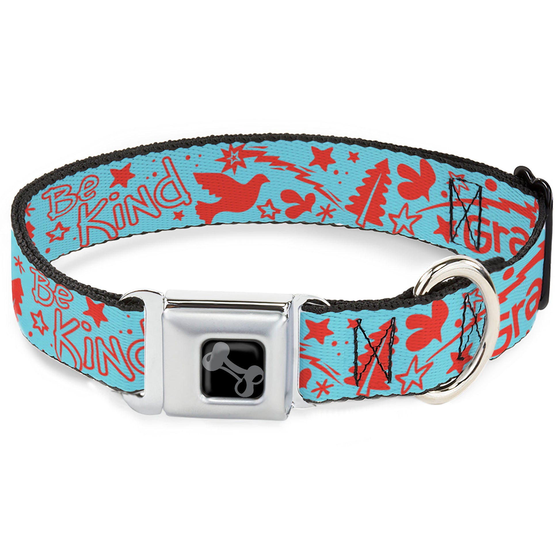 Dog Bone Black/Silver Seatbelt Buckle Collar - GRATEFUL OPTIMISM BE KIND Icons Collage Blue/Red Seatbelt Buckle Collars Buckle-Down