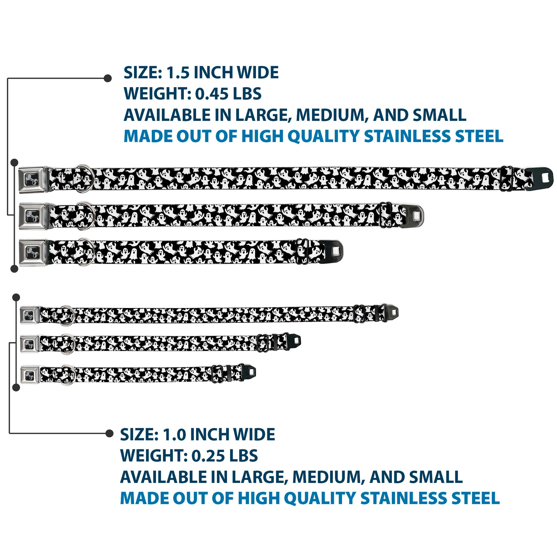 Dog Bone Black/Silver Seatbelt Buckle Collar - Ghosts Poses Scattered Black/White Seatbelt Buckle Collars Buckle-Down