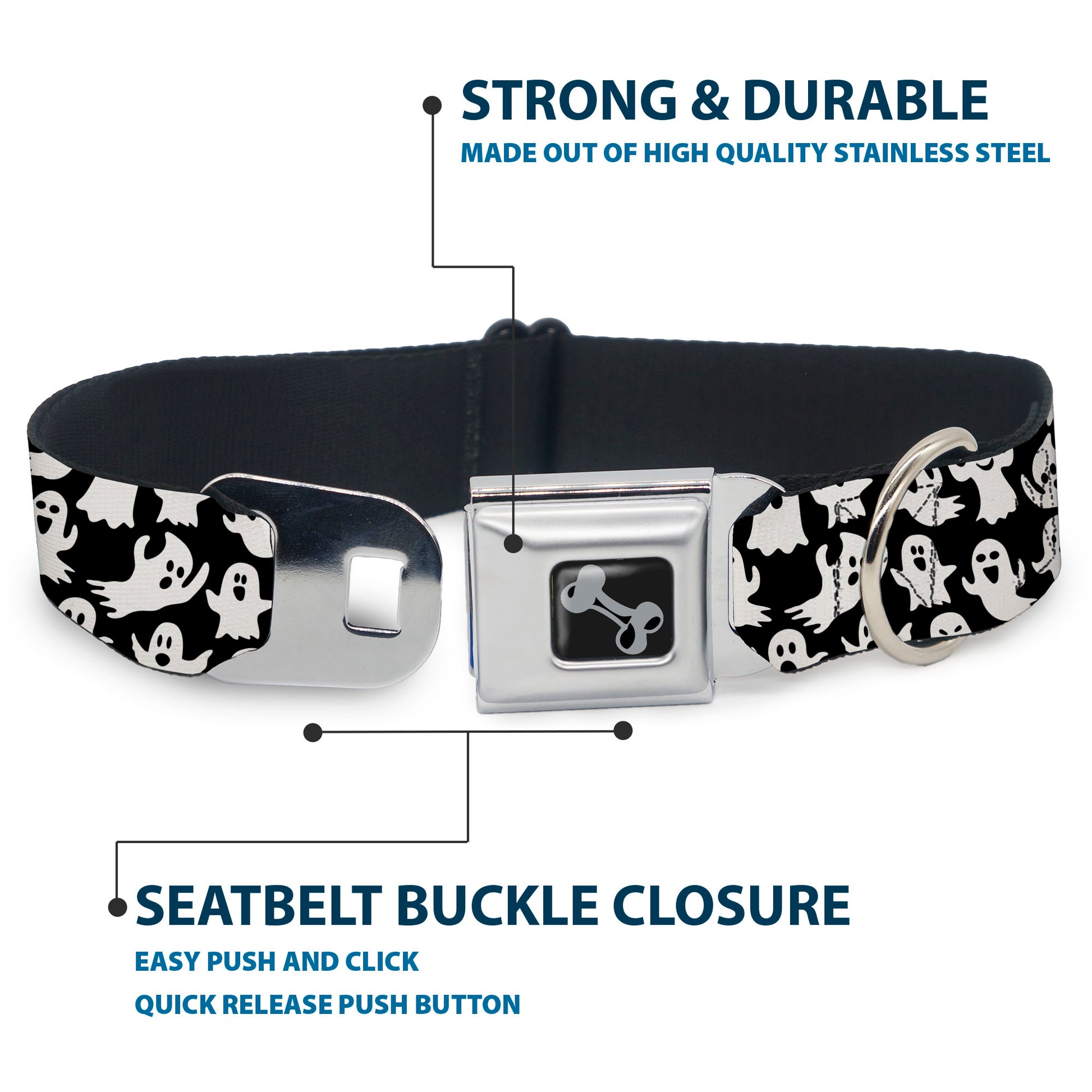Dog Bone Black/Silver Seatbelt Buckle Collar - Ghosts Poses Scattered Black/White Seatbelt Buckle Collars Buckle-Down