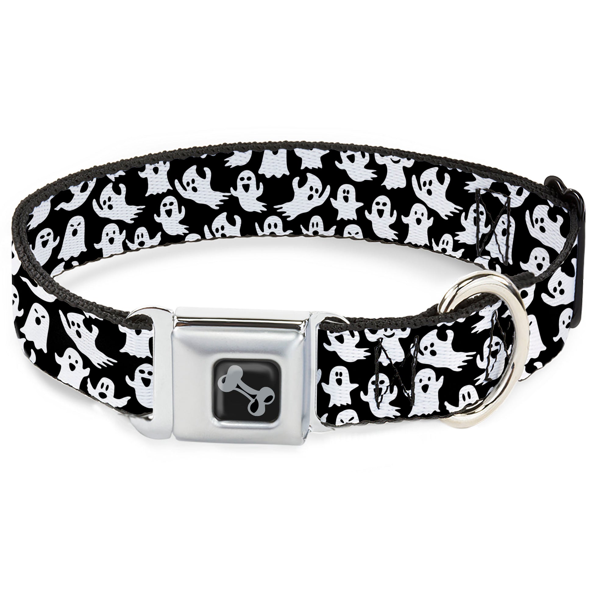 Dog Bone Black/Silver Seatbelt Buckle Collar - Ghosts Poses Scattered Black/White Seatbelt Buckle Collars Buckle-Down