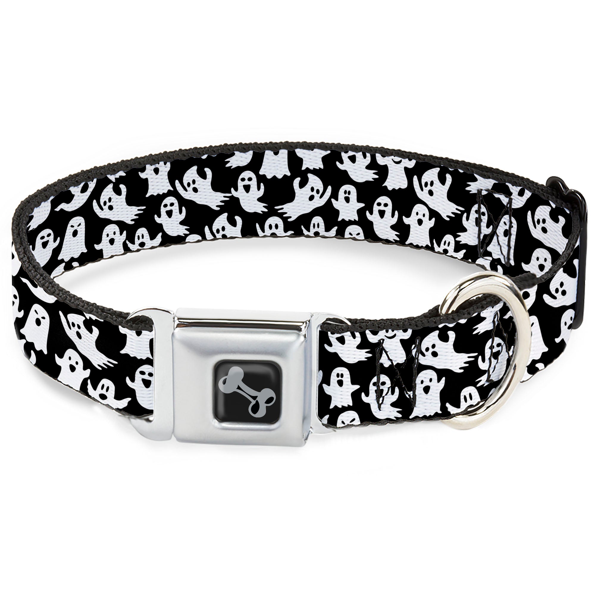 Dog Bone Black/Silver Seatbelt Buckle Collar - Ghosts Poses Scattered Black/White Seatbelt Buckle Collars Buckle-Down