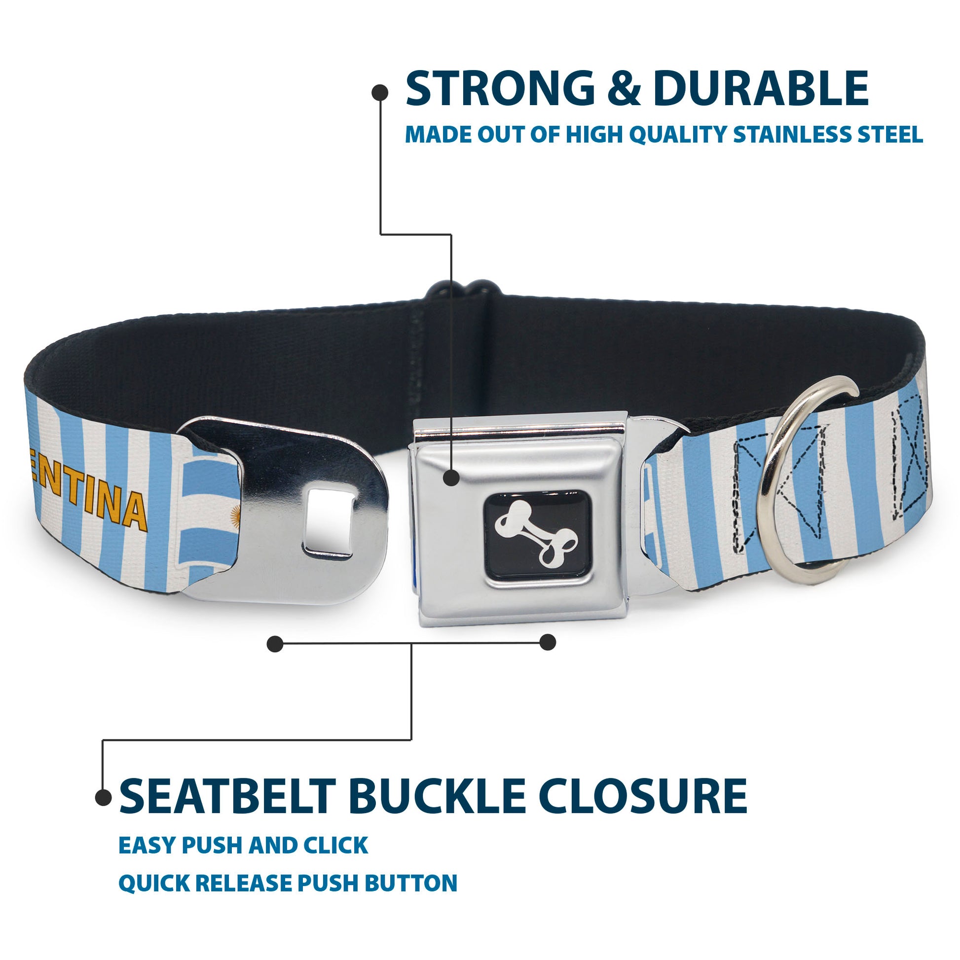 Dog Bone Black/Silver Seatbelt Buckle Collar - Global Soccer Cup Series Argentina Spirit Flag Seatbelt Buckle Collars Buckle-Down